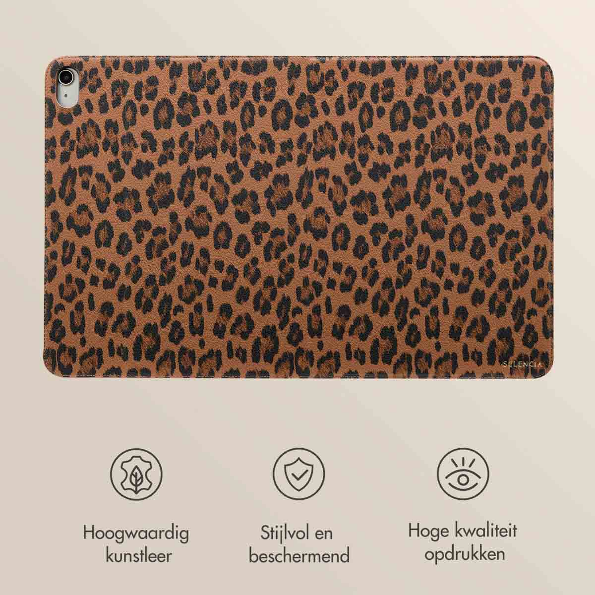 Tablet case with leopard print and text: high quality printing.