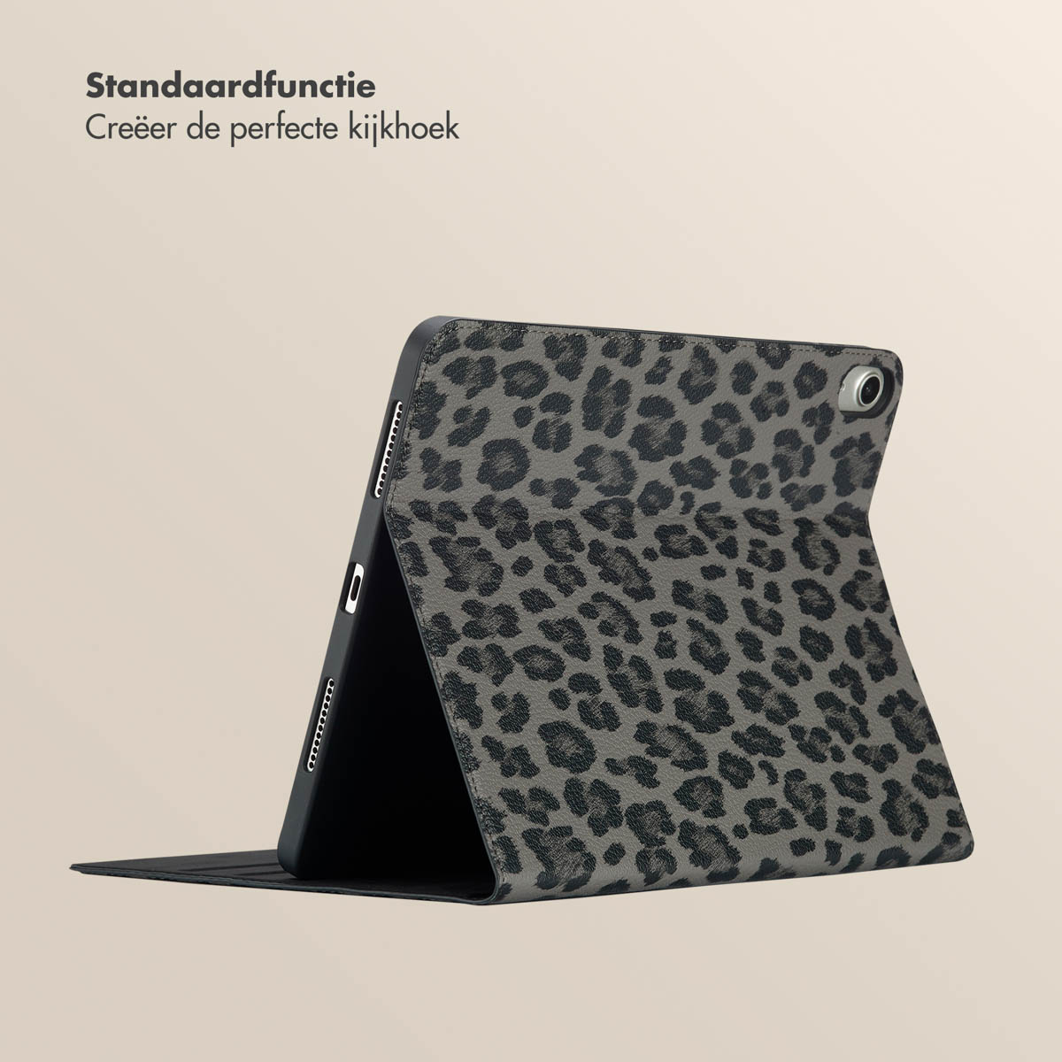 Tablet case open, leopard print design, on a neutral background.