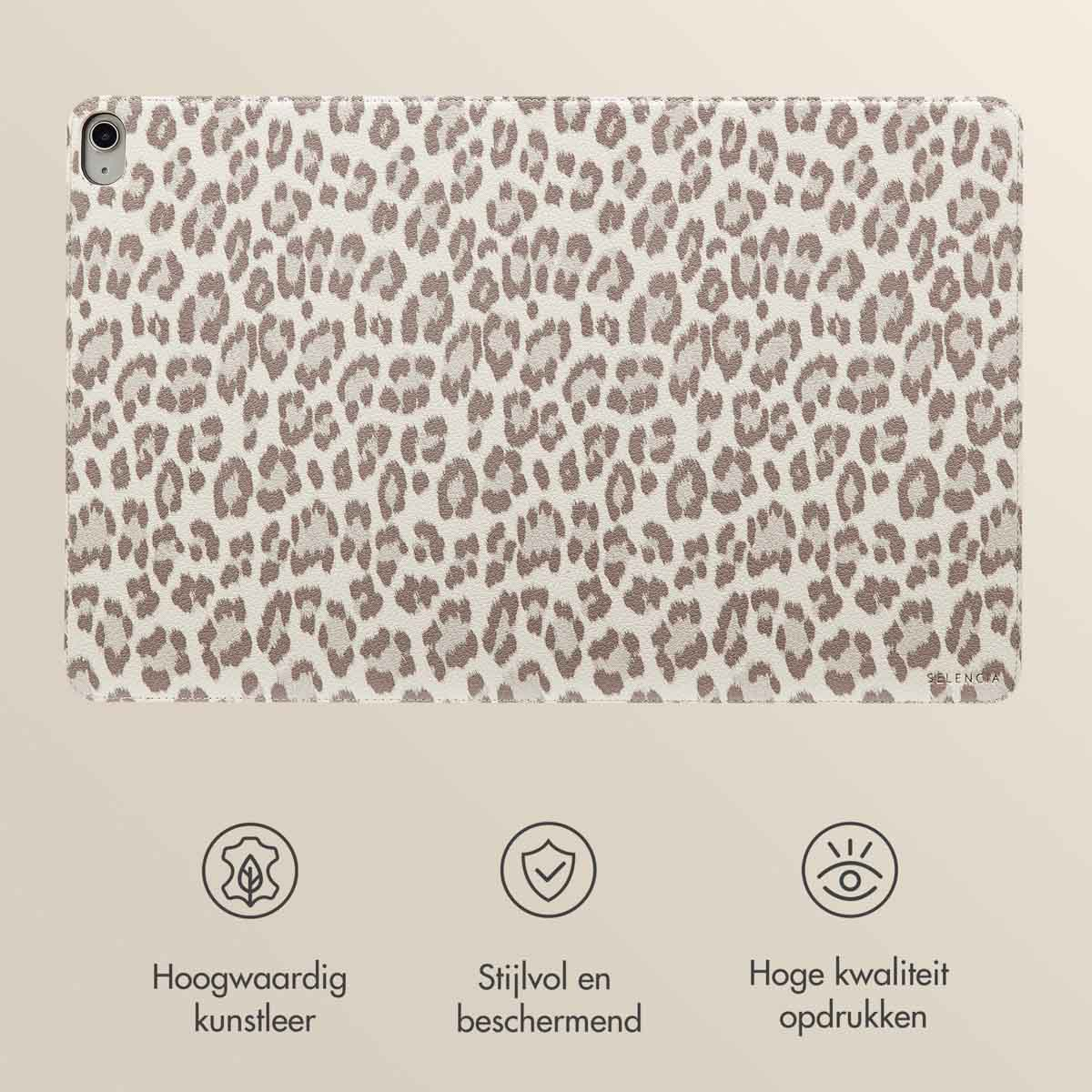 Tablet case closed, leopard print, brown spots on beige, on beige surface.