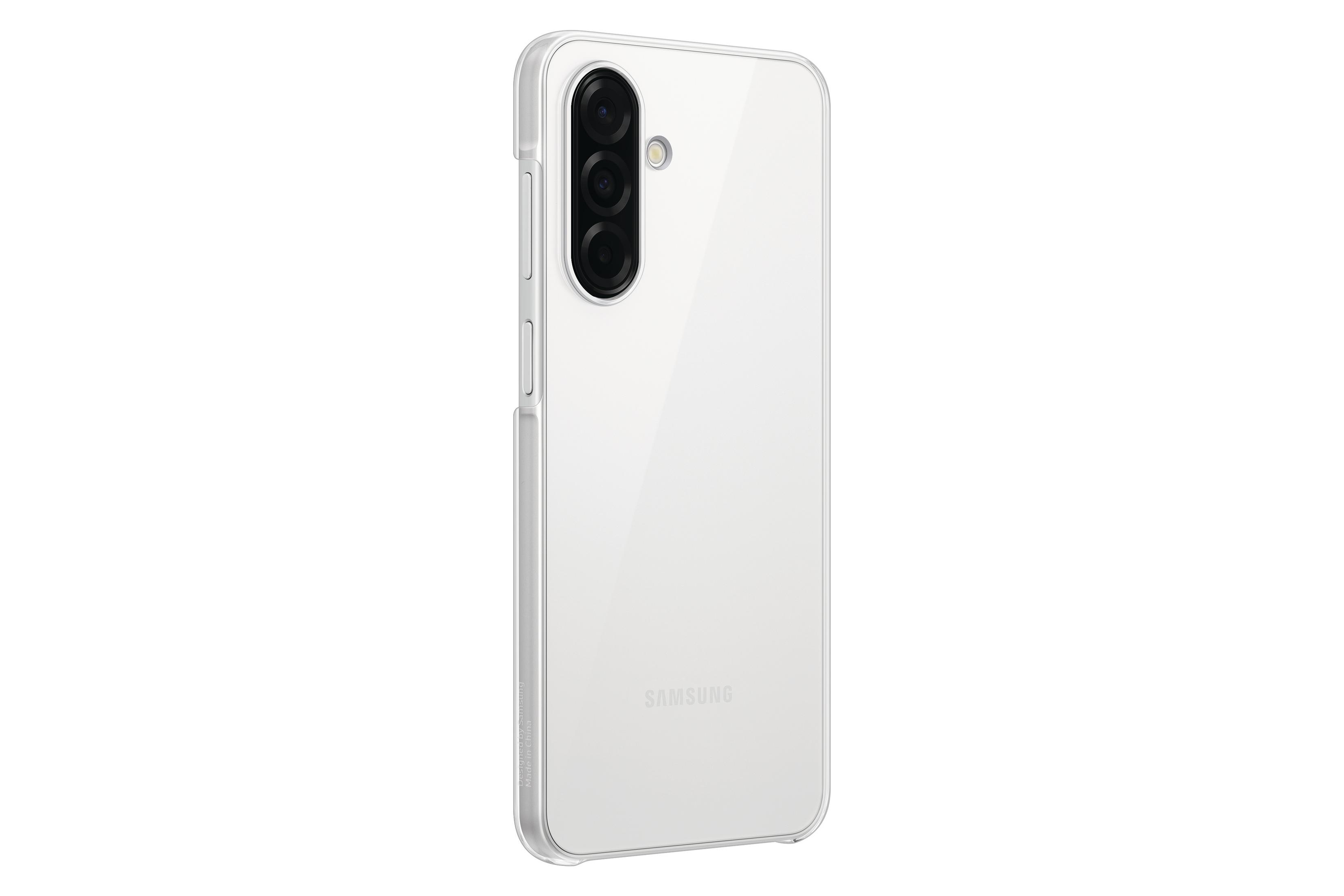 Weißes Samsung-Telefon in einer transparenten Hülle. Das Telefon befindet sich auf weißem Grund.