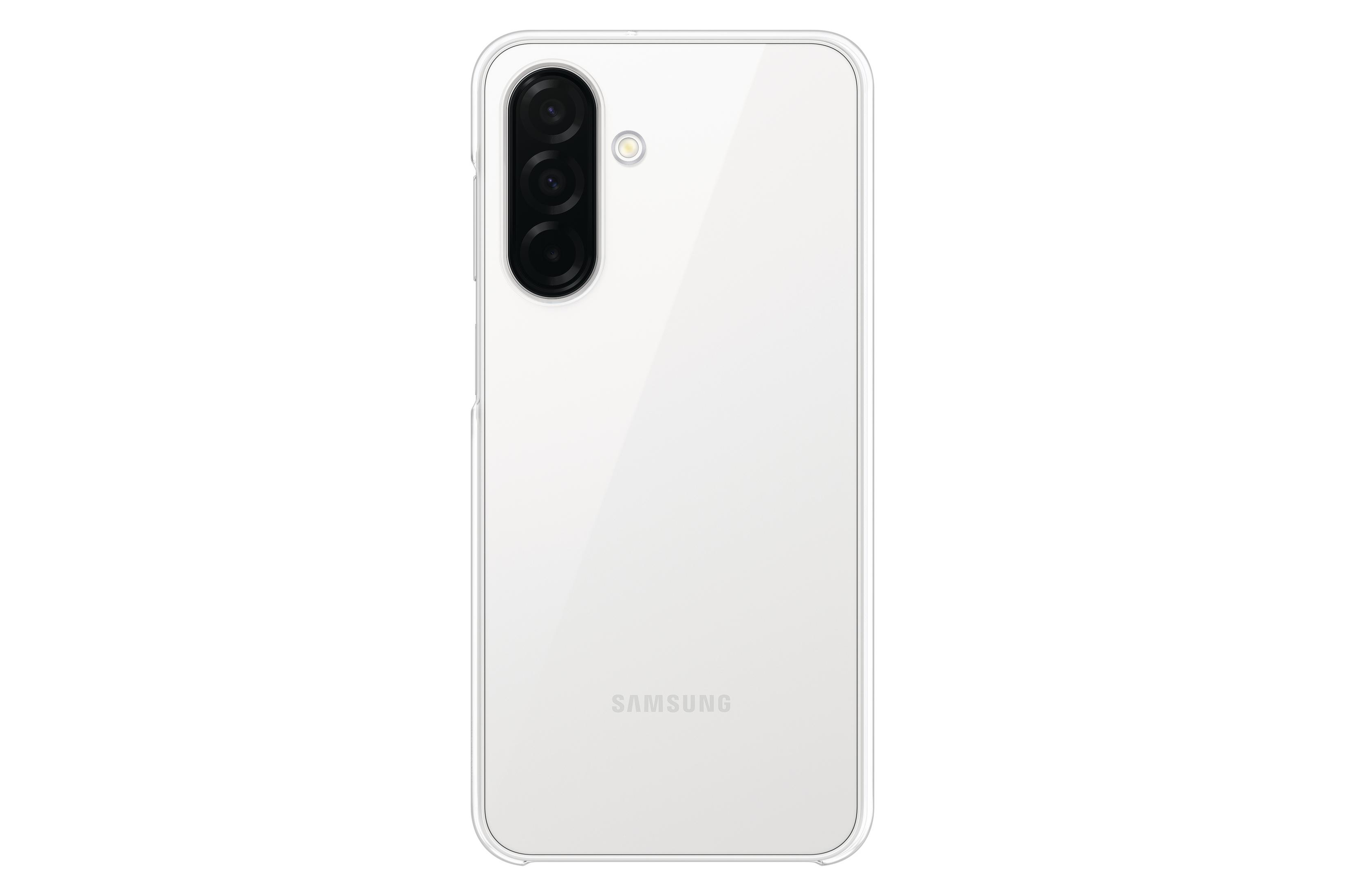 Weißes Samsung-Telefon. Das Telefon befindet sich auf weißem Hintergrund.