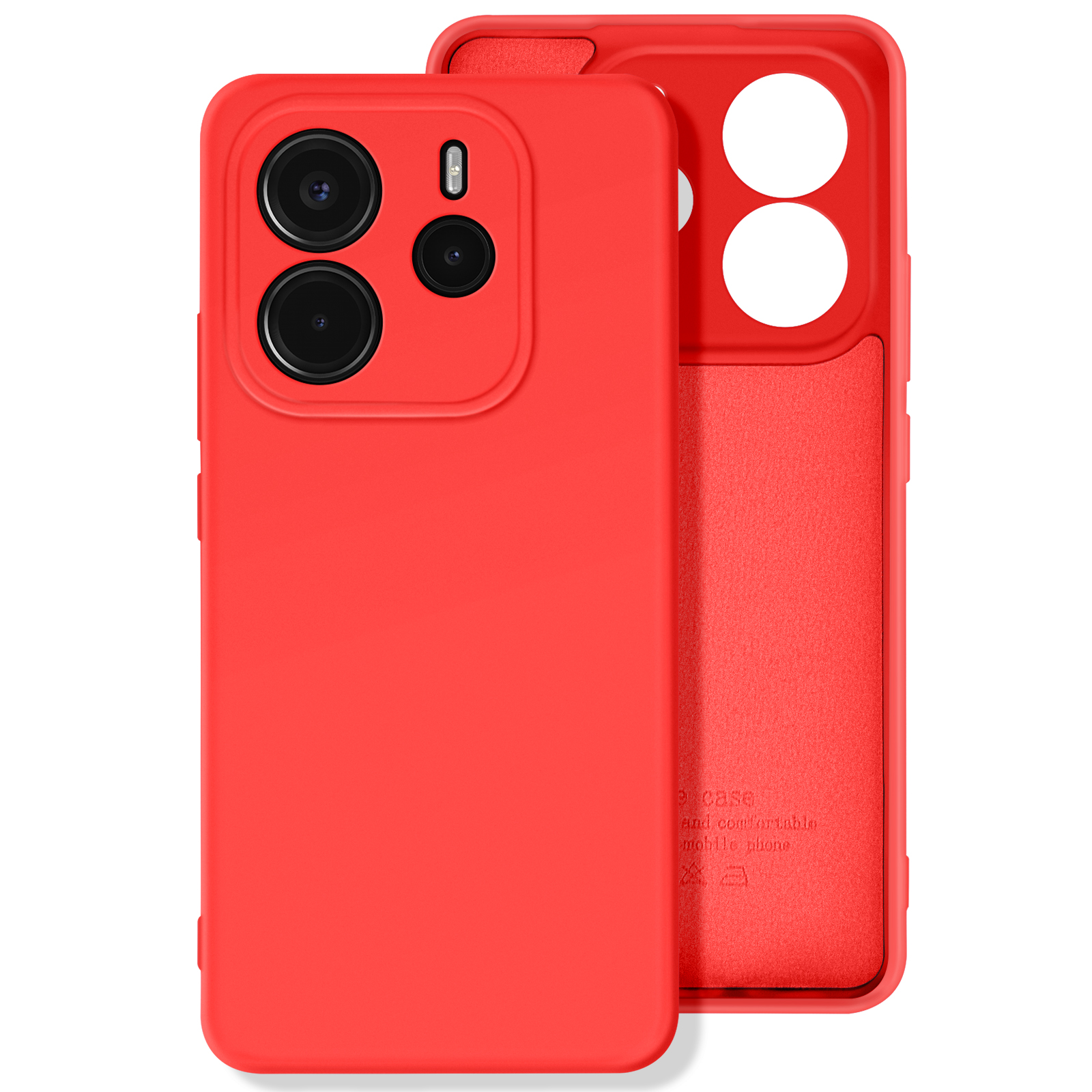 Custodia rossa per telefono. Due obiettivi della fotocamera sono visibili sul retro.