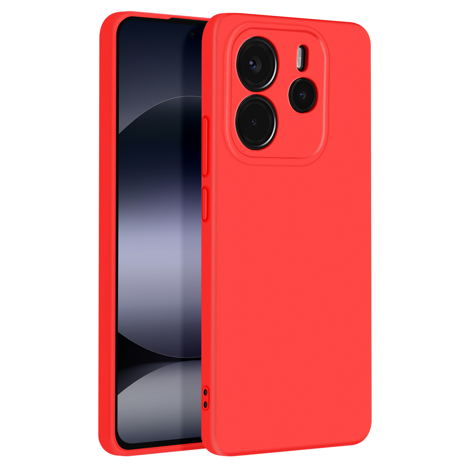 Custodia rossa per telefono con schermo nero. Tre obiettivi della fotocamera visibili.