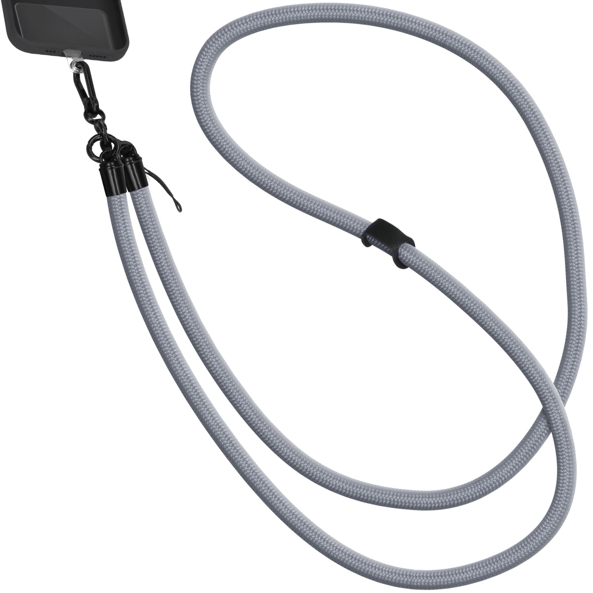 Grijze lanyard bevestigd aan telefoonhoesje. Zwarte connector. Op een wit oppervlak.
