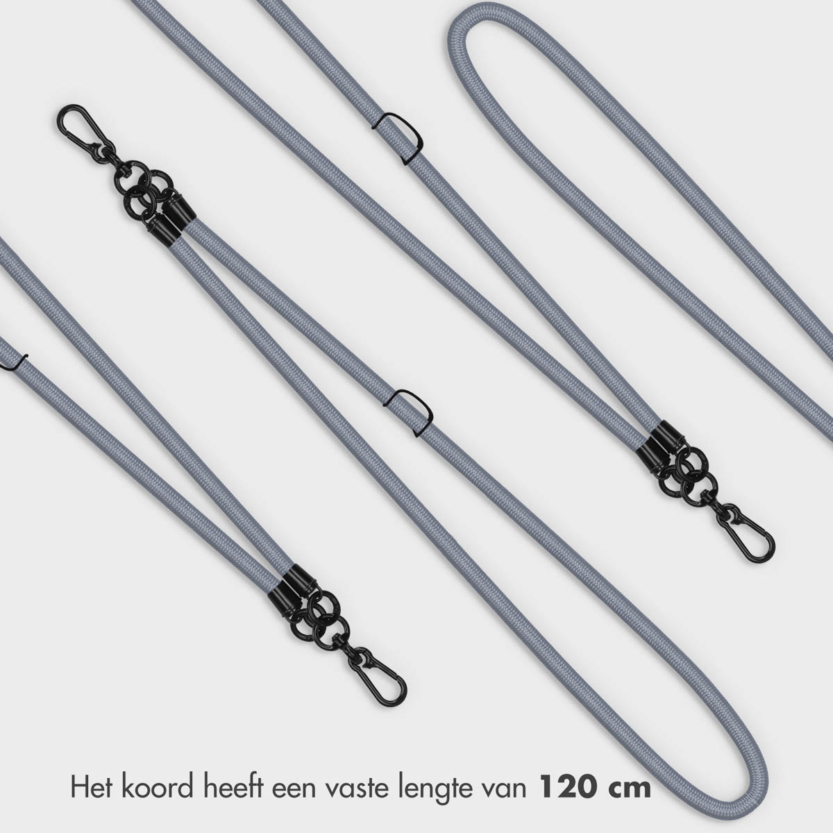 Grijze lanyard, meerdere weergaven. Heeft een vaste lengte van 120 cm. Zwarte connectoren.
