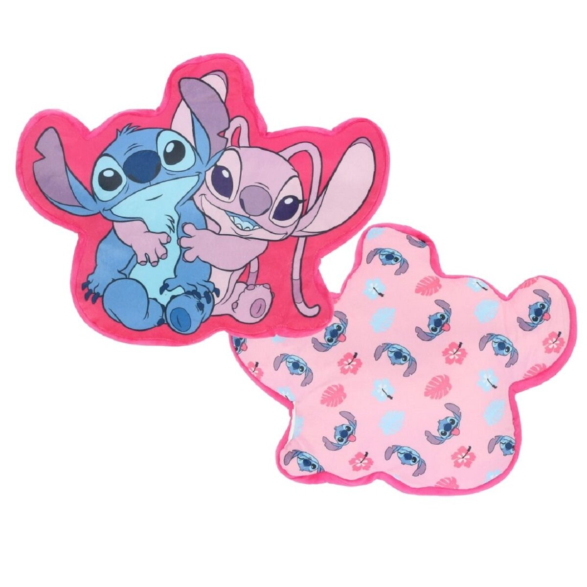 Zwei Kissen mit Lilo & Stitch-Figuren. Eines zeigt Stitch, der Angel umarmt, das andere Stitch Muster.
