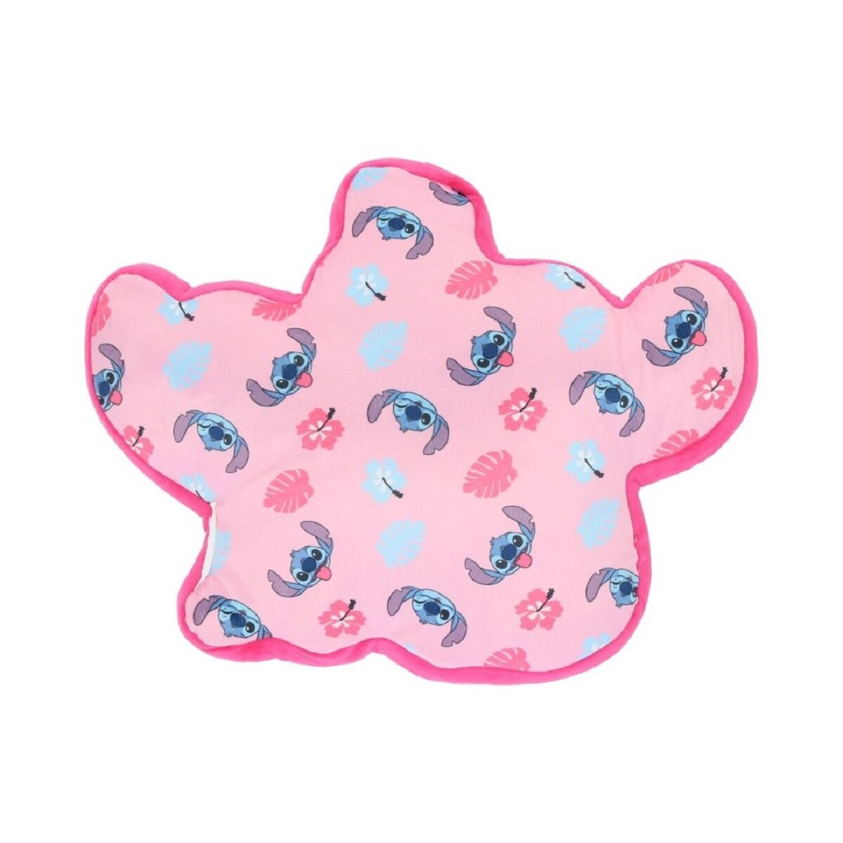 Pinkes Stitch-Kissen mit blauen Stitch-Gesichtern und Blumen. Pinker Rand. Weißer Hintergrund.