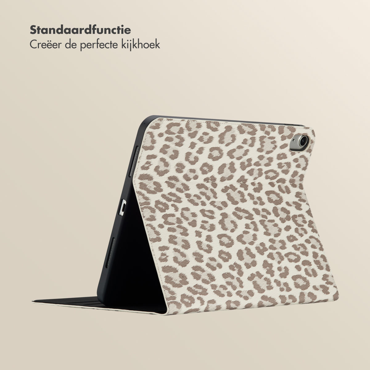Tablet with a leopard print cover in a stand position. Text: Create the perfect viewing angle.