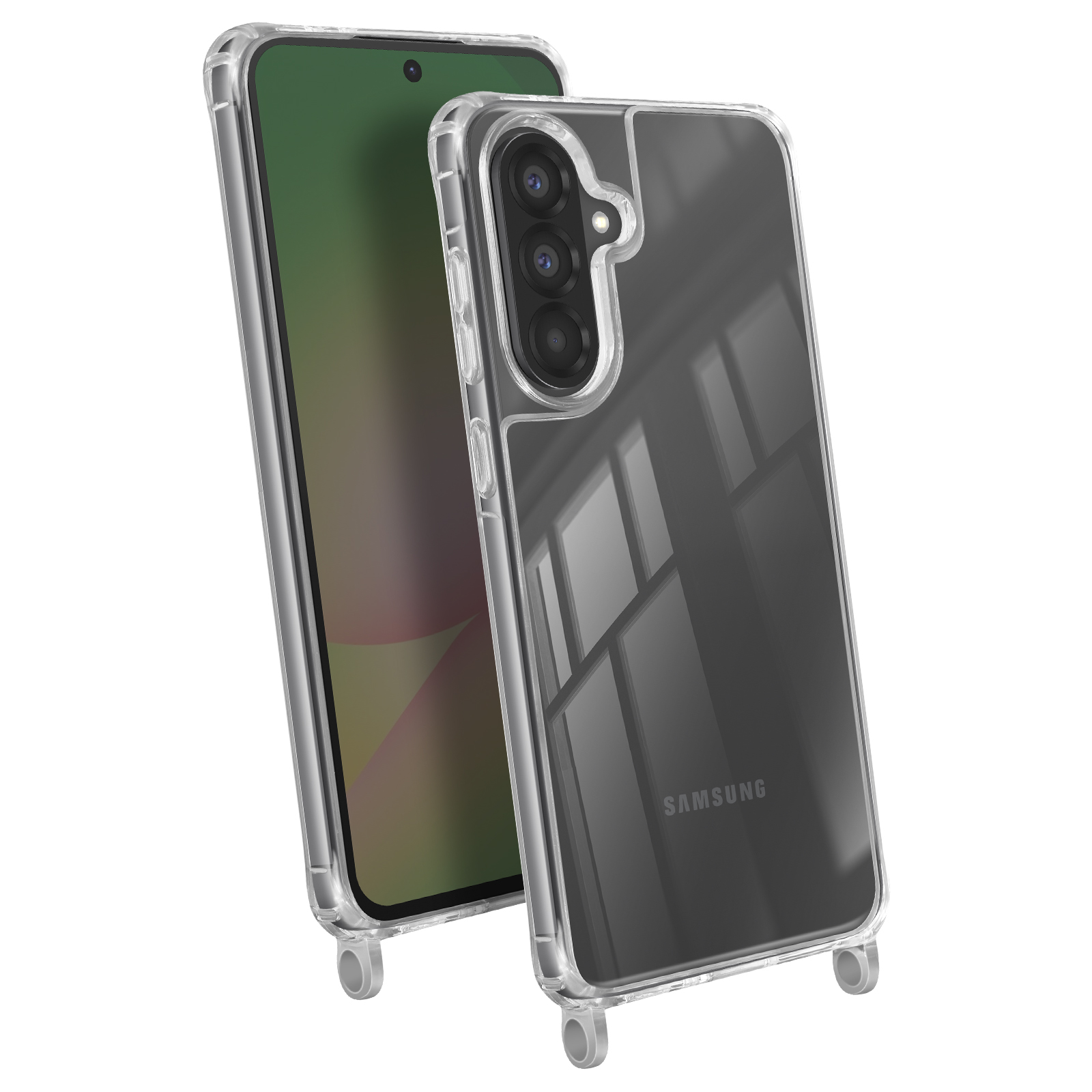 Een doorzichtig telefoonhoesje met een telefoon erin. De telefoon heeft een groen scherm.