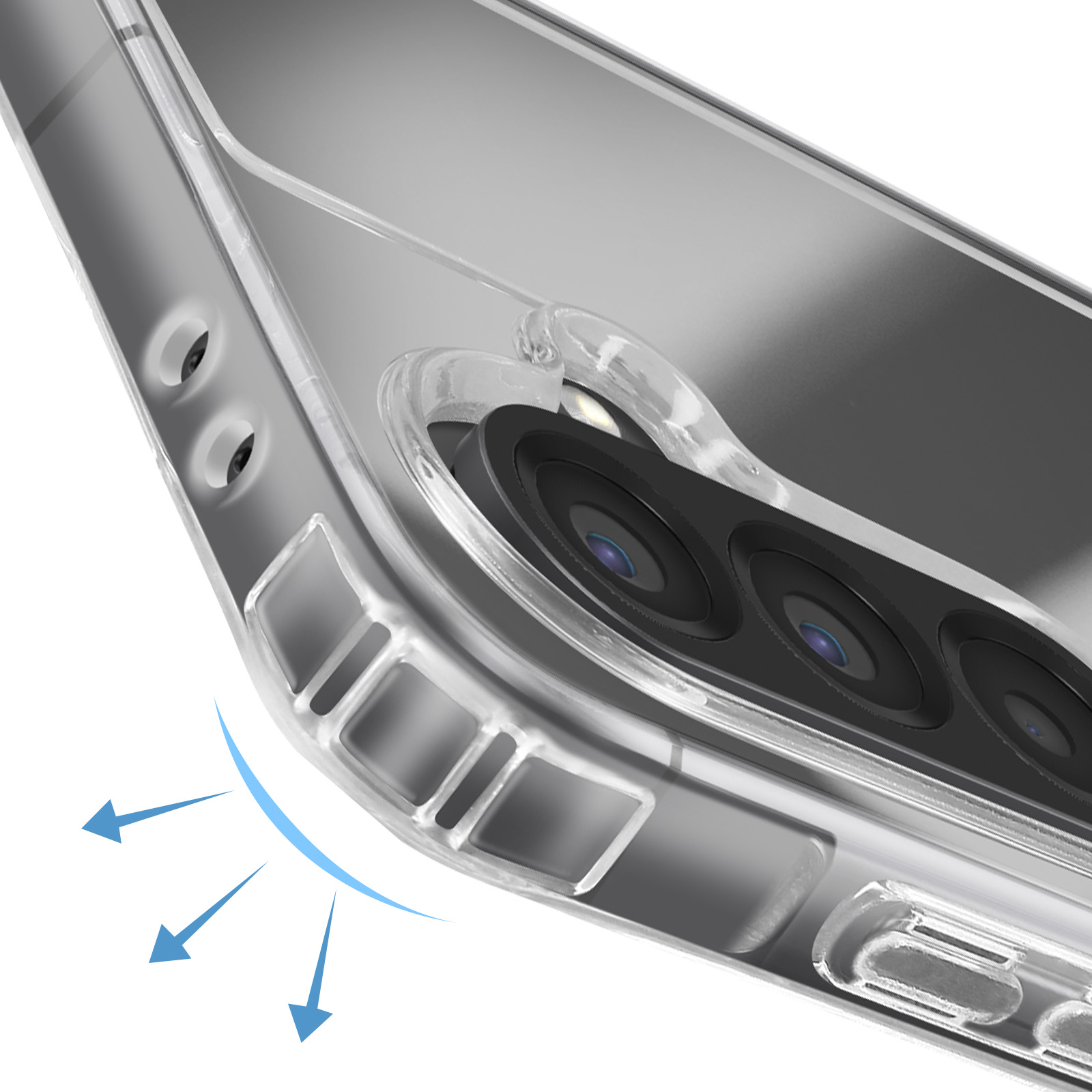 Close-up van een doorzichtig telefoonhoesje. Pijlen geven impactbescherming aan. Het hoesje is transparant.