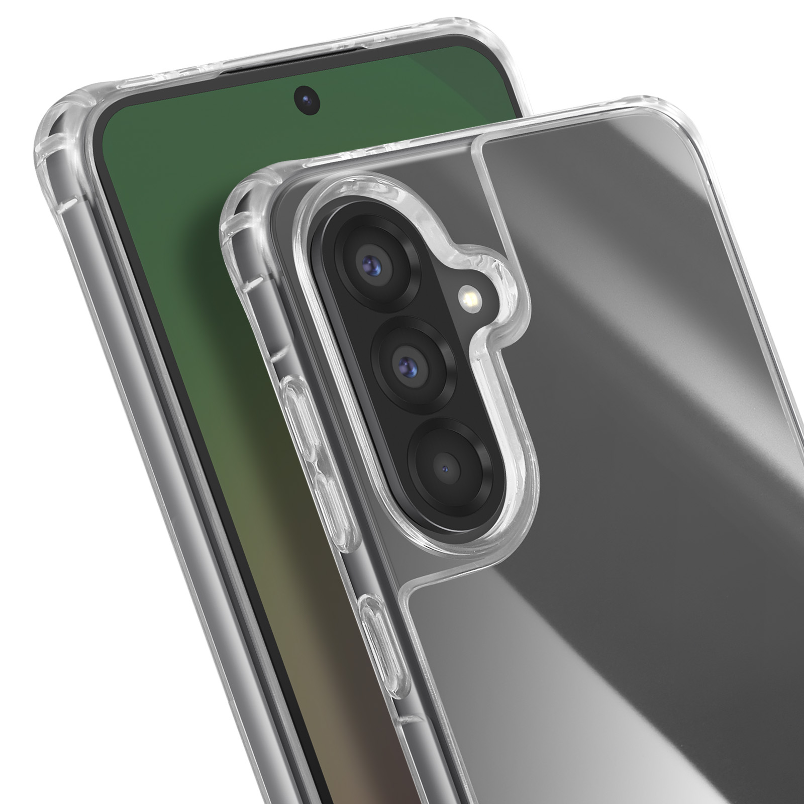 Transparant telefoonhoesje met telefoon erin. De telefoon heeft een groen scherm. De hoes heeft een camera bump.