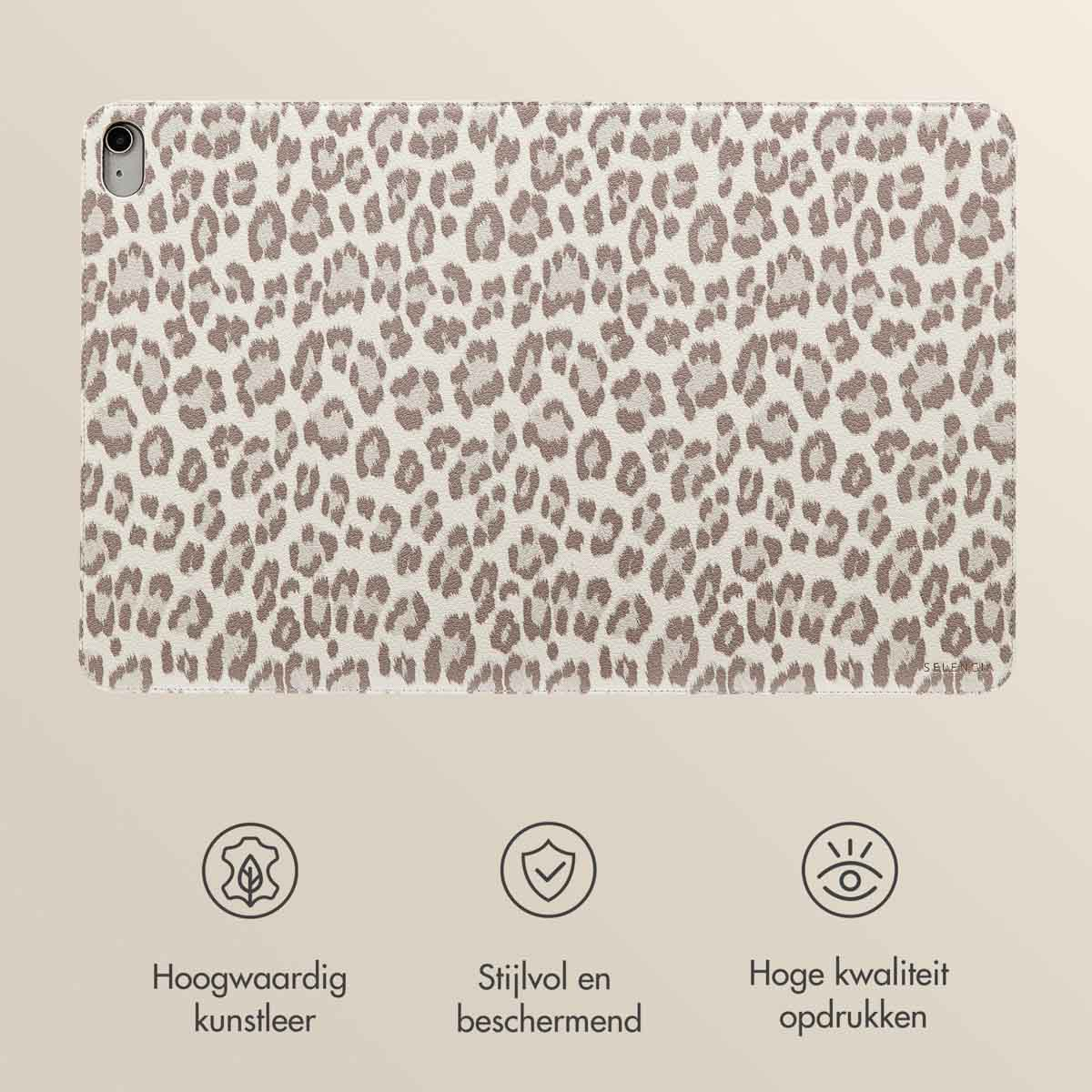 Tablet with leopard print cover with text: High-quality leather. Stylish and protective. High-quality printing.