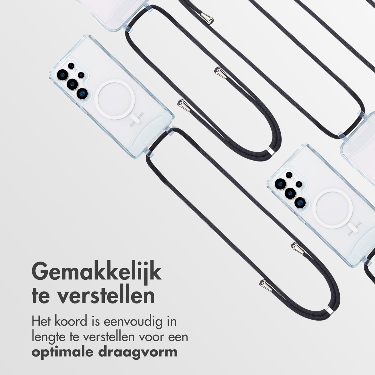 Coques de téléphone transparentes avec cordons noirs, détails argentés et fond blanc. Texte : Facile à ajuster.