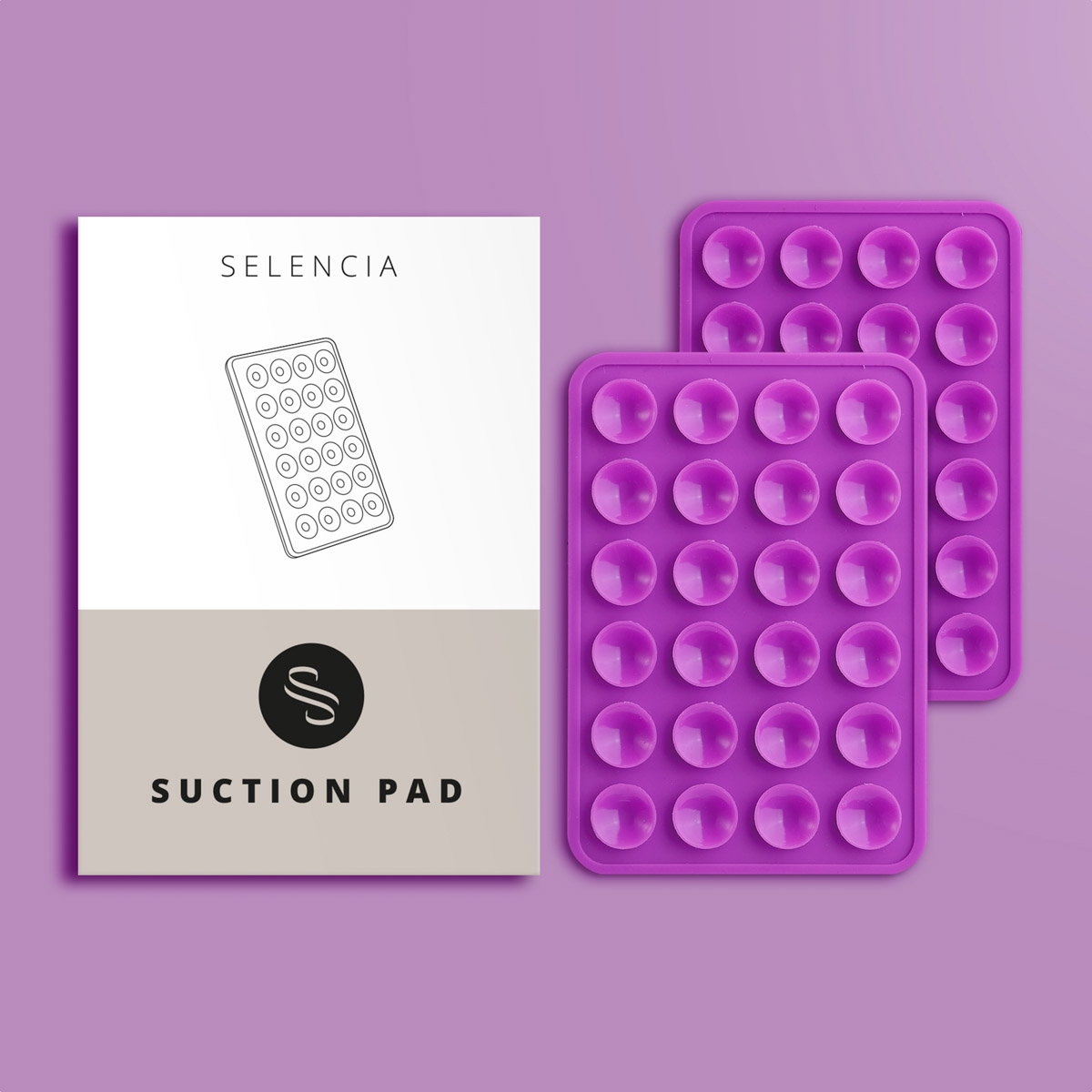 Twee paarse zuignappen en een kaart met een diagram van een zuignap met de woorden 'SELENCIA' en 'SUCTION PAD'.