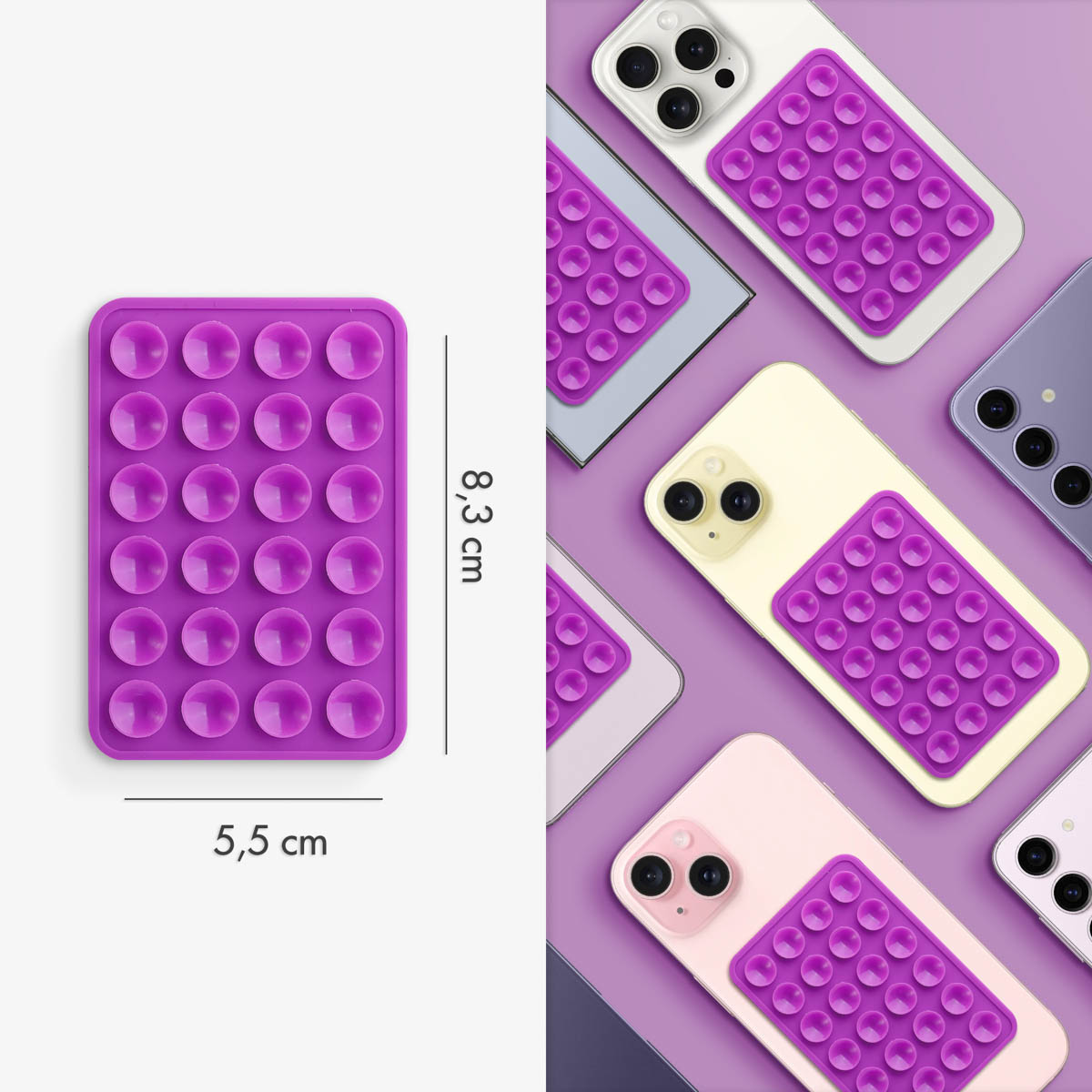 Een iPhone en zuignap pad met afmetingen weergegeven op paarse achtergrond.