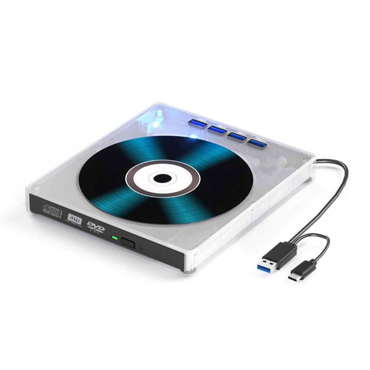 CD/DVD-Laufwerk mit einer blauen Disc im Inneren und einem USB-Kabel. Weißer Hintergrund.