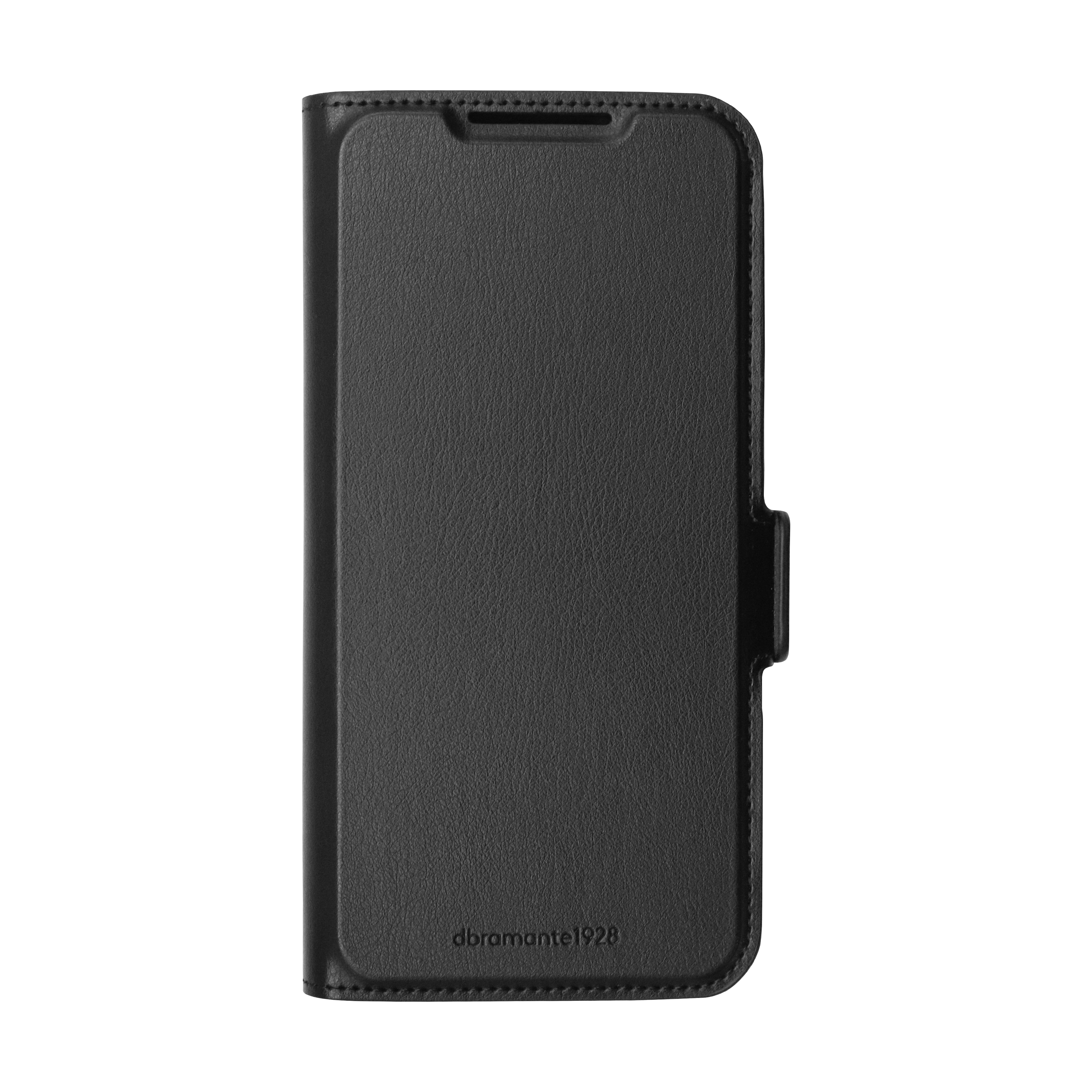 Étui de téléphone en cuir noir, fermé. Le mot "doramante1928" est visible.