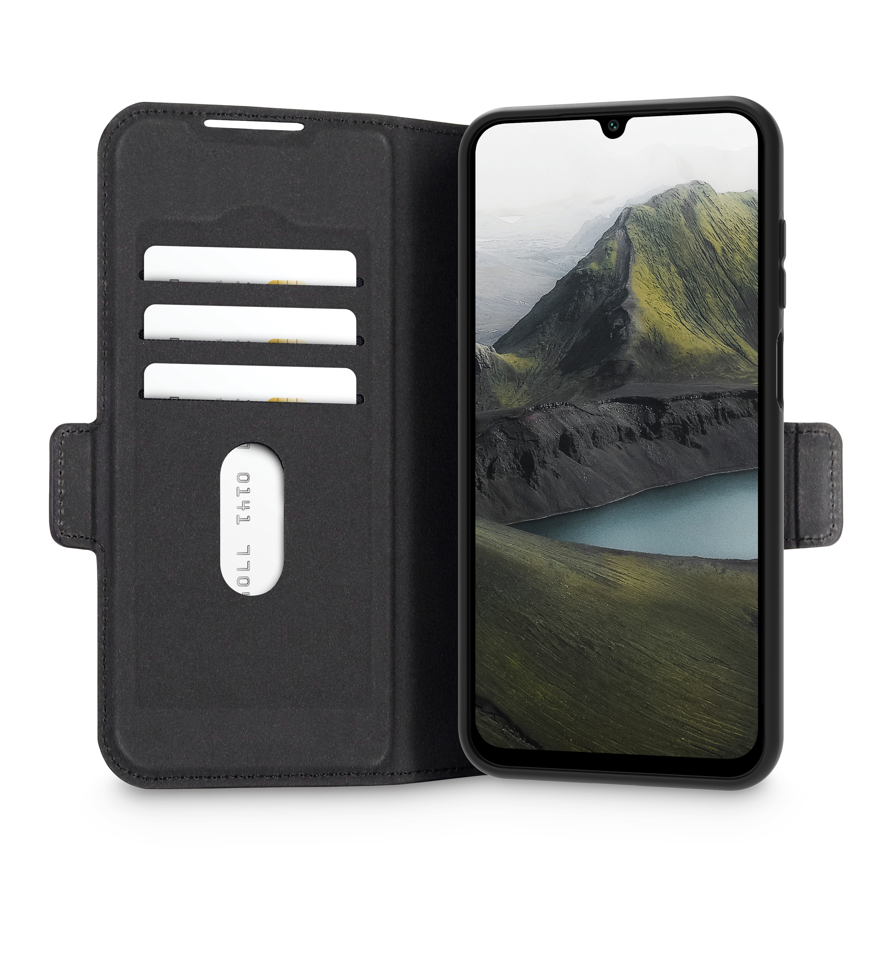 Étui de téléphone noir ouvert, téléphone à l'intérieur montrant un paysage.