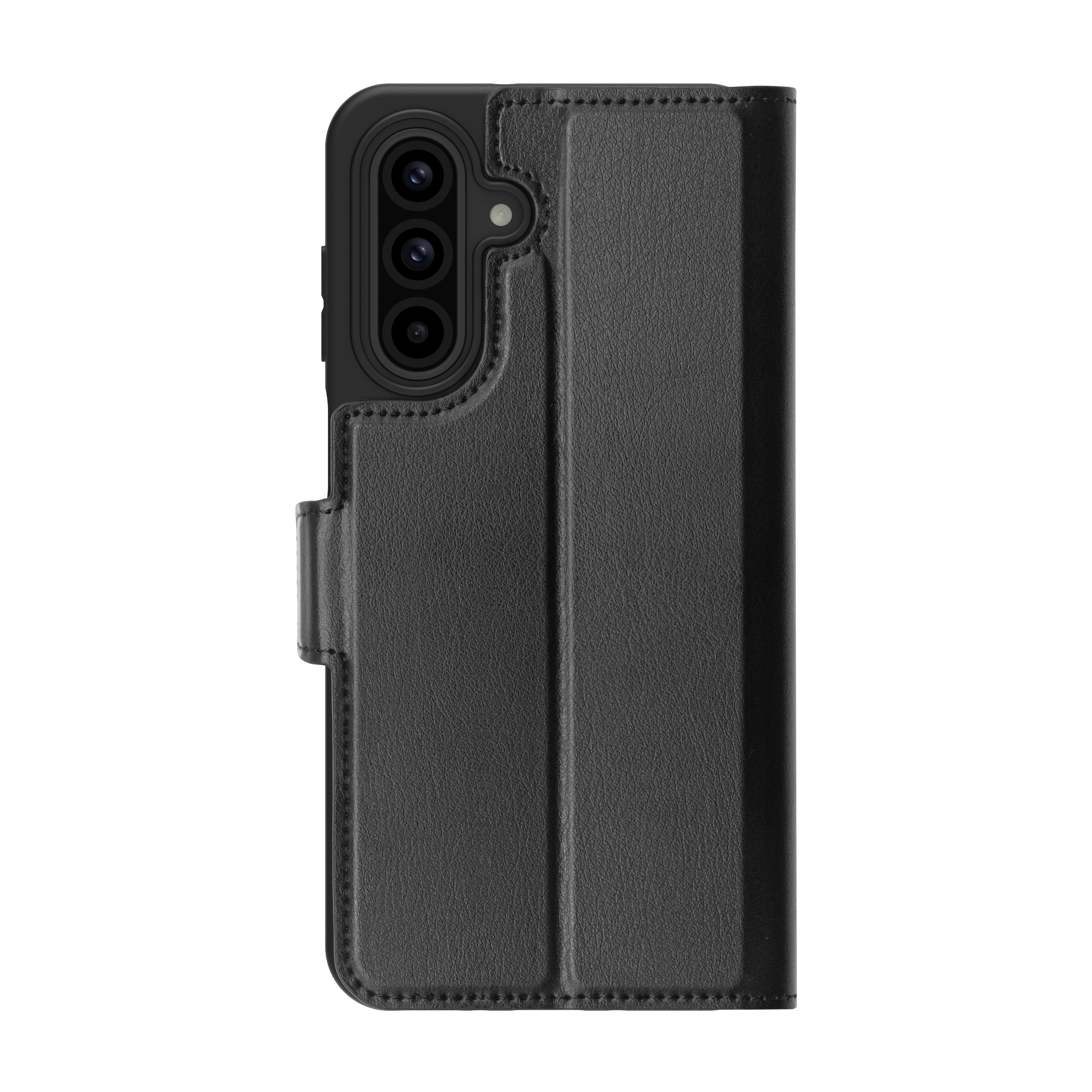 Étui de téléphone noir ouvert, téléphone à l'intérieur montrant un paysage.