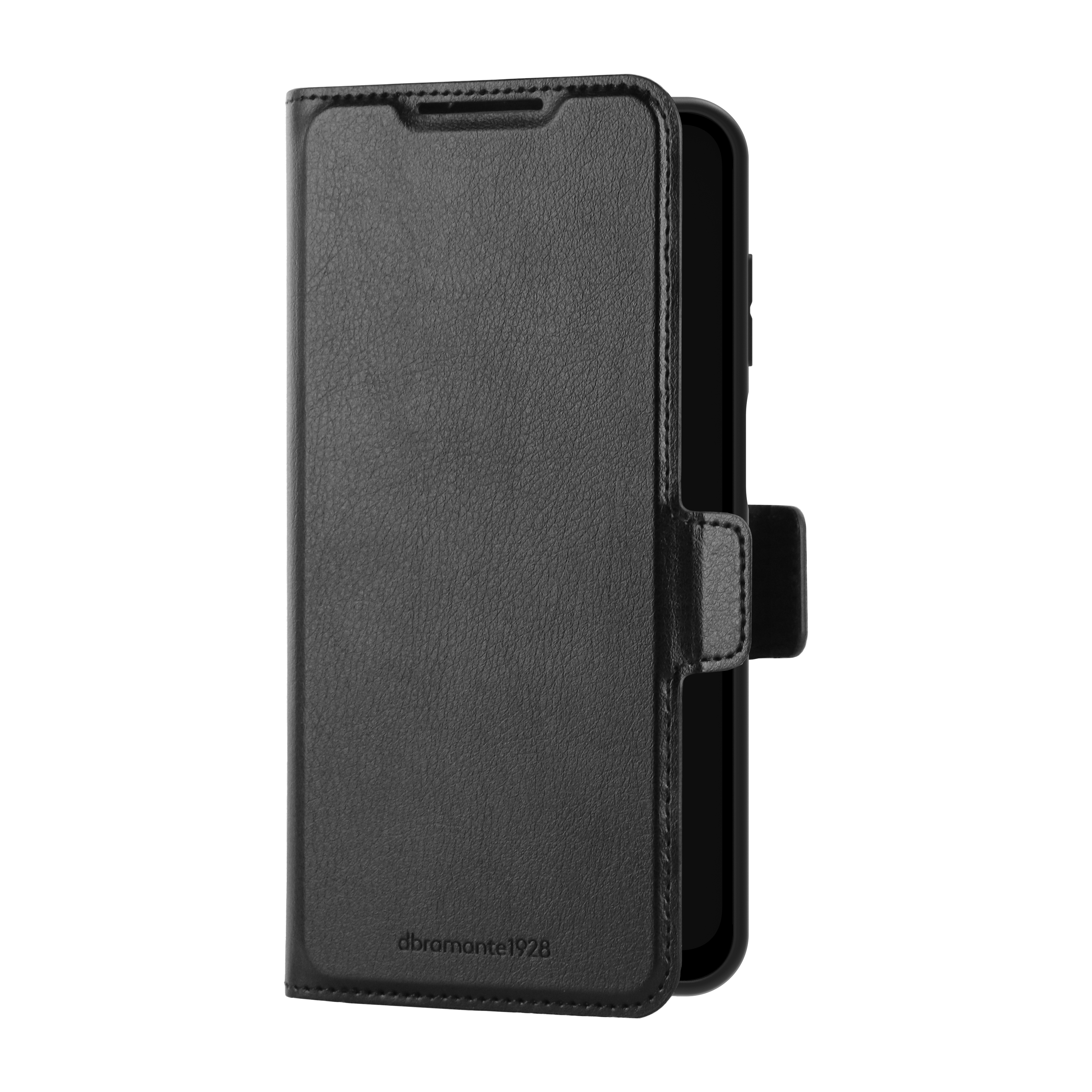 Étui de téléphone en cuir noir avec un téléphone à l'intérieur, ouvert, avec un petit logo en bas.