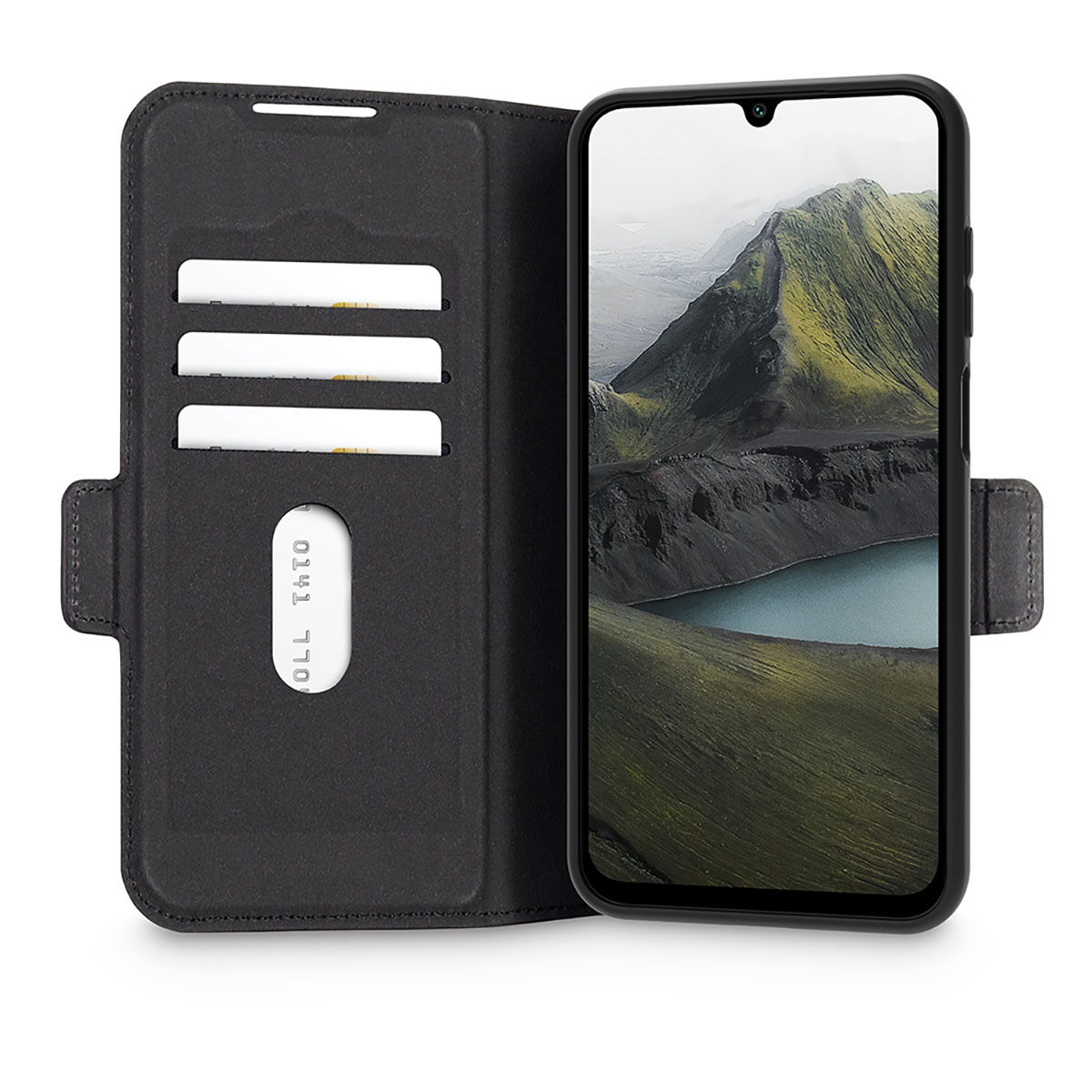 Étui de téléphone noir ouvert, téléphone à l'intérieur montrant un paysage.
