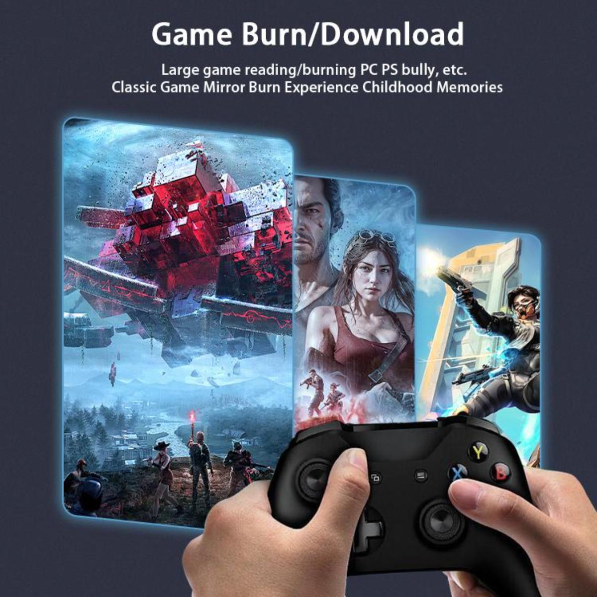Hände halten einen Gamecontroller, mit Spielbildschirmen und Textüberlagerung.