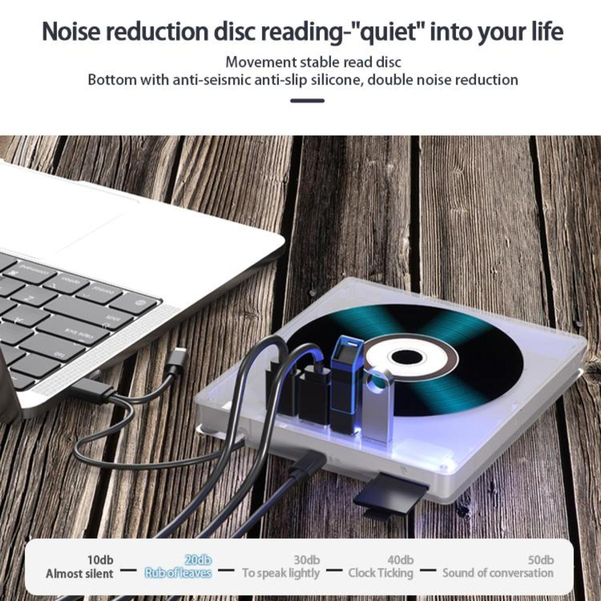 Ein Laptop, der mit einem CD-Laufwerk verbunden ist. CD-Laufwerk hat USB-Anschlüsse und eine CD. Details zur Geräuschreduzierung.