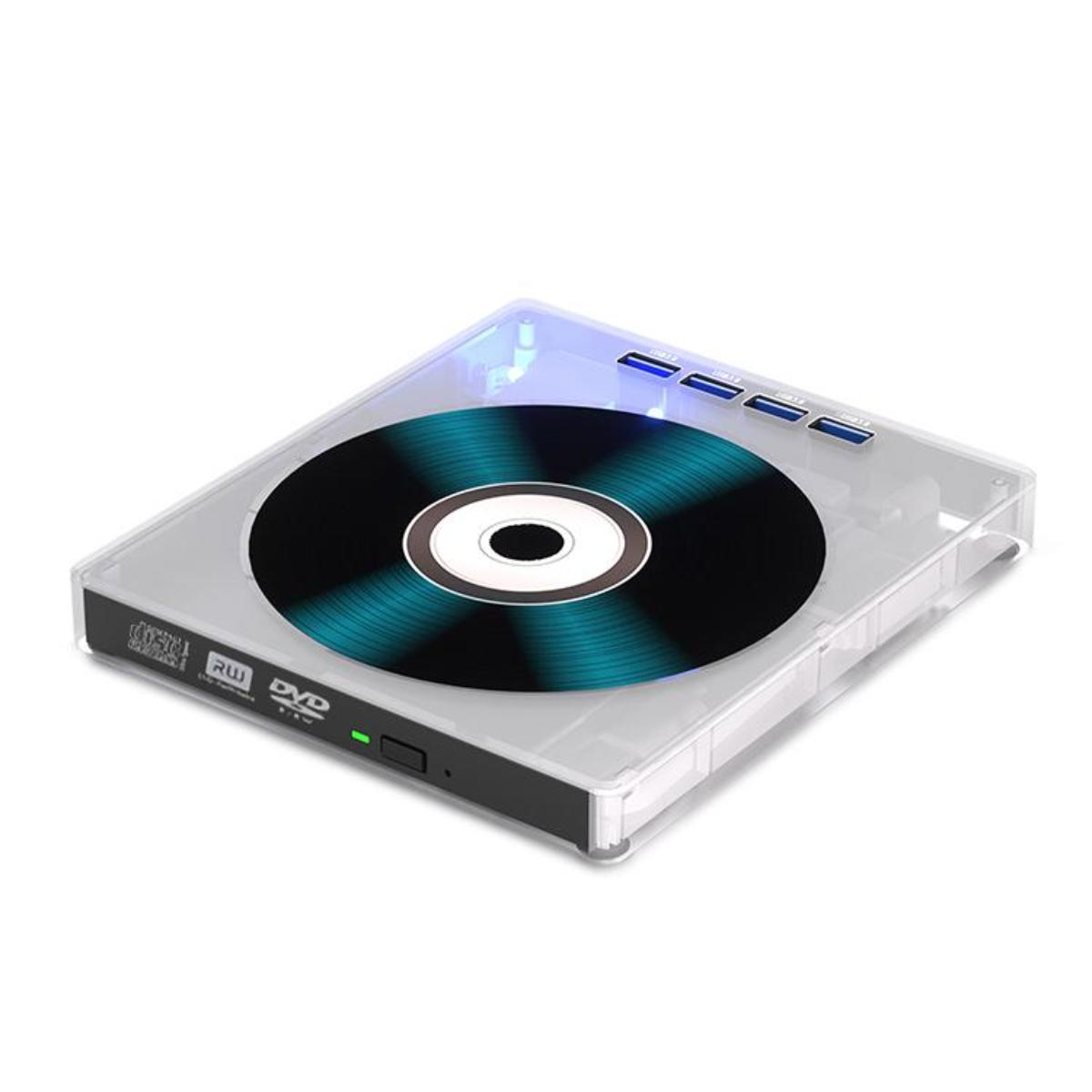 Ein quadratisches, klares CD/DVD-Laufwerk mit einer blauen Scheibe im Inneren. Das Gerät hat mehrere Eingangsanschlüsse und ein grünes Licht.