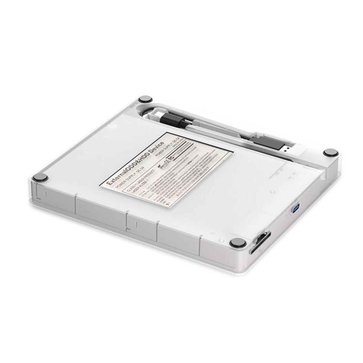 Weißes externes ODD- und HDD-Gerät mit Etikett und schwarzem Stift auf weißer Oberfläche.