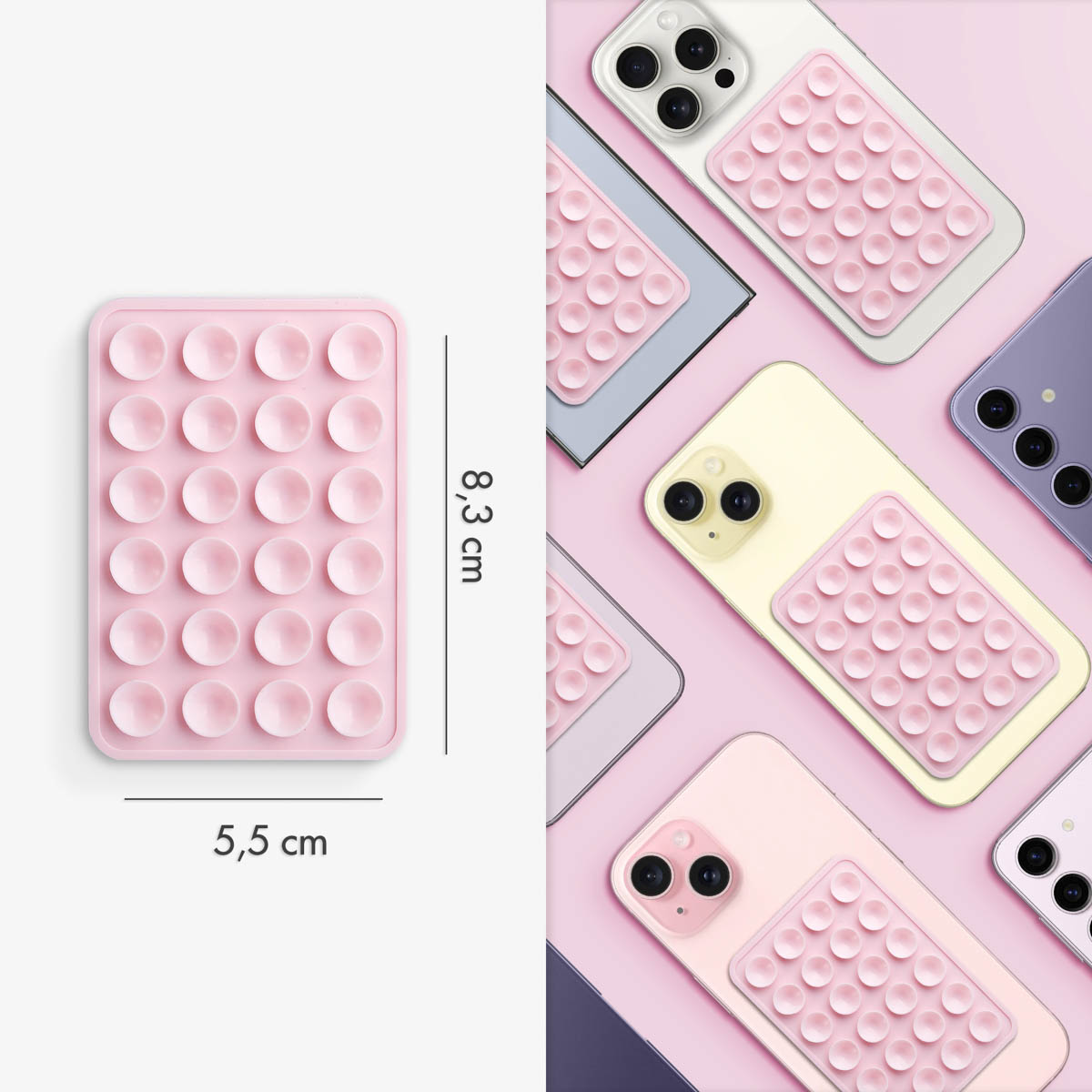 Siliconen Zuignap Telefoonhouder – Dubbelzijdig, 40 Zuigpunten, 100x65 Mm – Voor Spiegel, Glas, Keuken & Studio – Roze