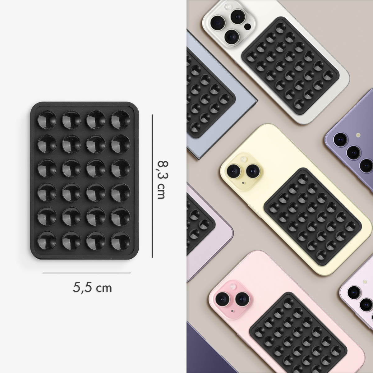 Opstelling van telefoons met zuignappen, met afmetingen van een zuignap.