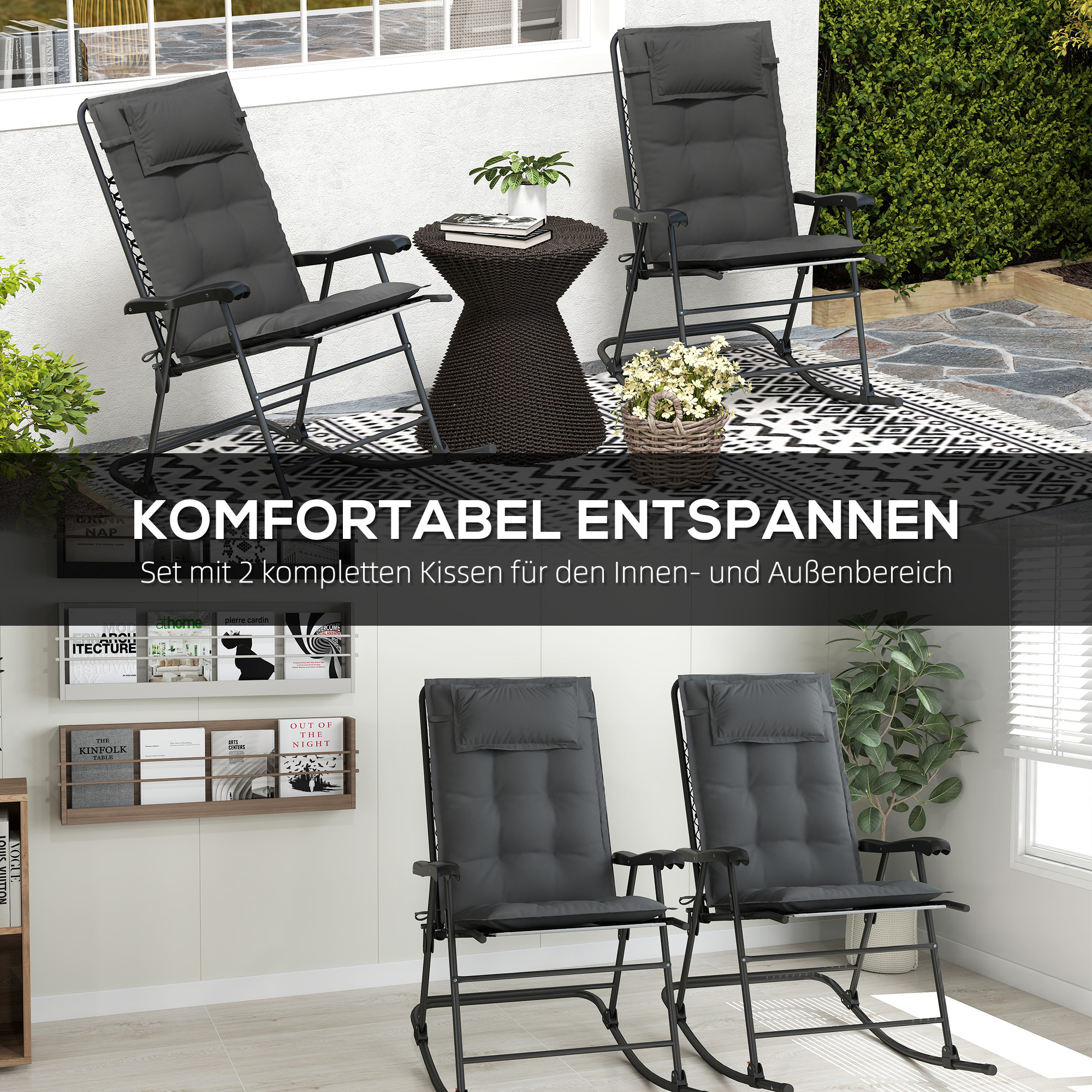 Zwei Stühle, ein Beistelltisch und ein Teppich befinden sich auf einer Terrasse. Text sagt bequem entspannen.