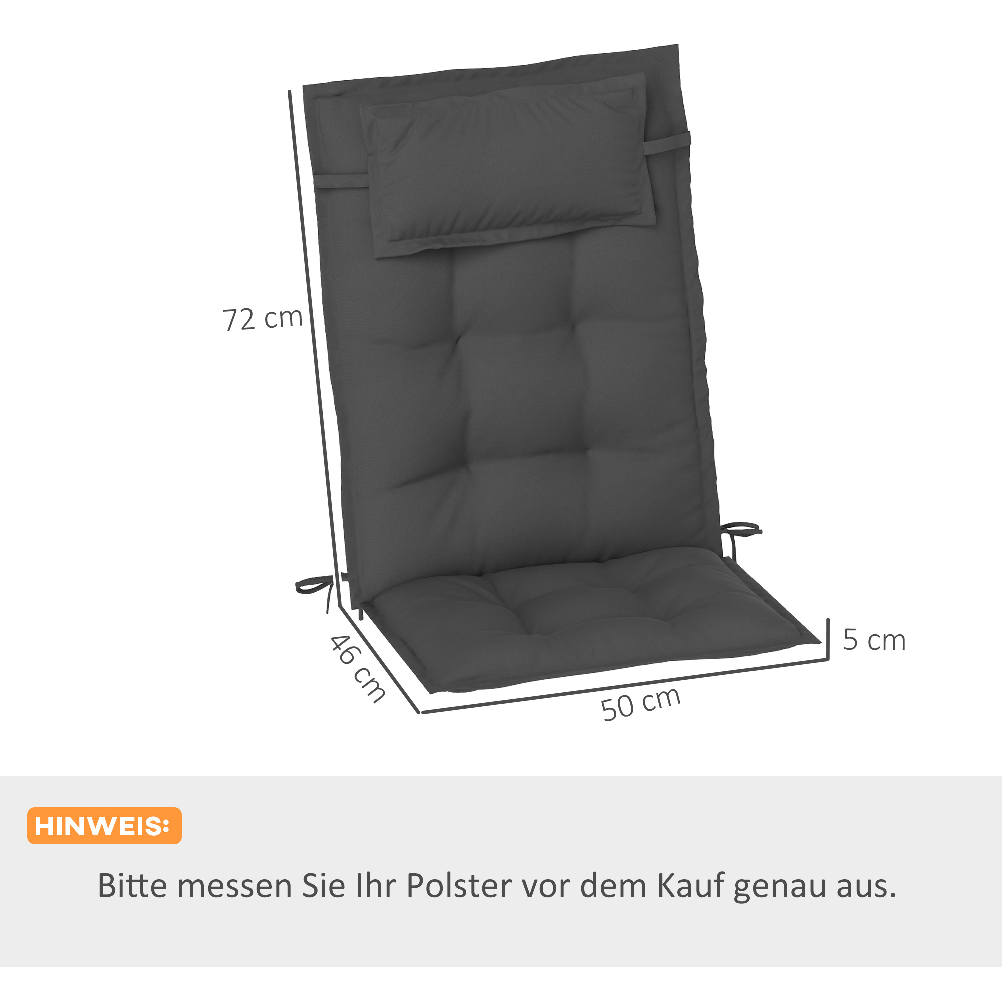 Dunkelgraues Kissen mit Maßangaben, auf weißem Hintergrund.