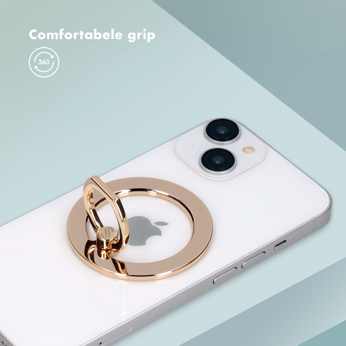 Witte telefoon met gouden ringhouder. Groene achtergrond met witte tekst: Comfortabele grip.