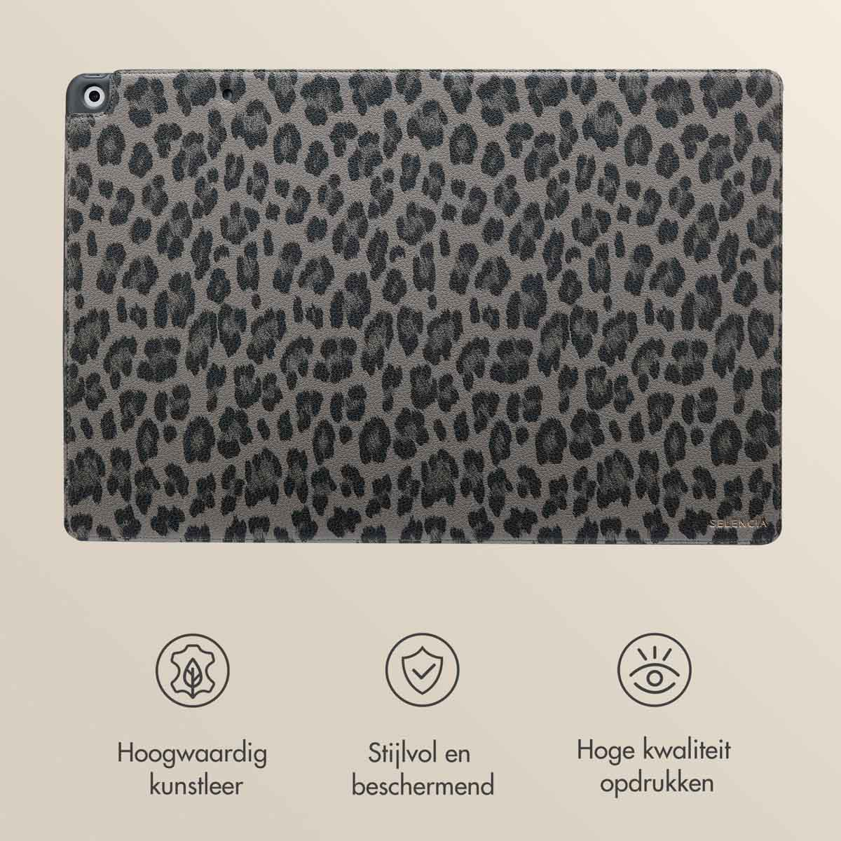 A tablet case with a leopard print. It has text about high-quality leather, stylishness, and printing.