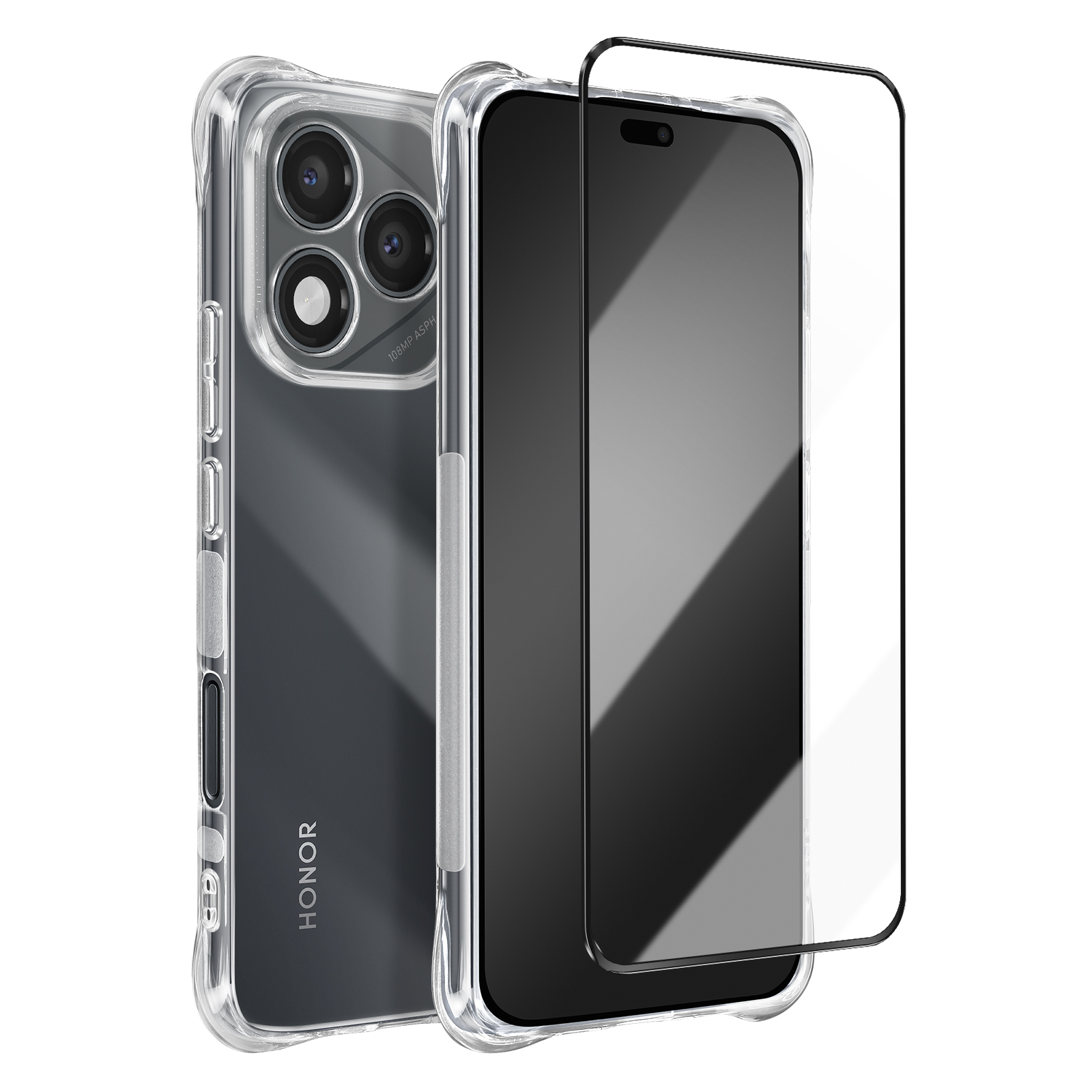 Custodia trasparente per telefono con un telefono e una protezione per lo schermo. Il telefono ha più fotocamere. La custodia è trasparente.
