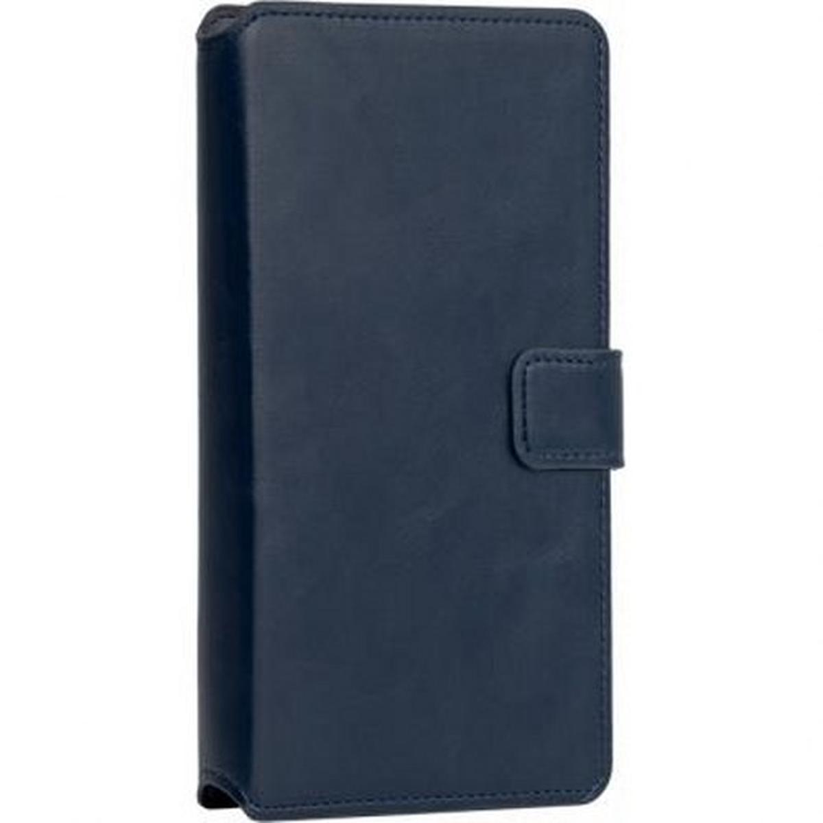 Una custodia per telefono blu navy con chiusura magnetica.