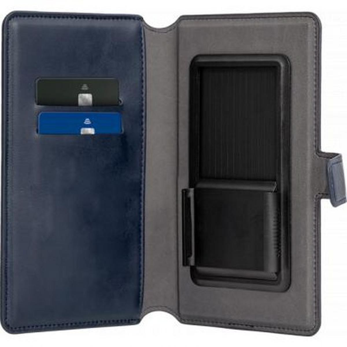 Una custodia per telefono blu scuro aperta con fessure per carte e un supporto per telefono.