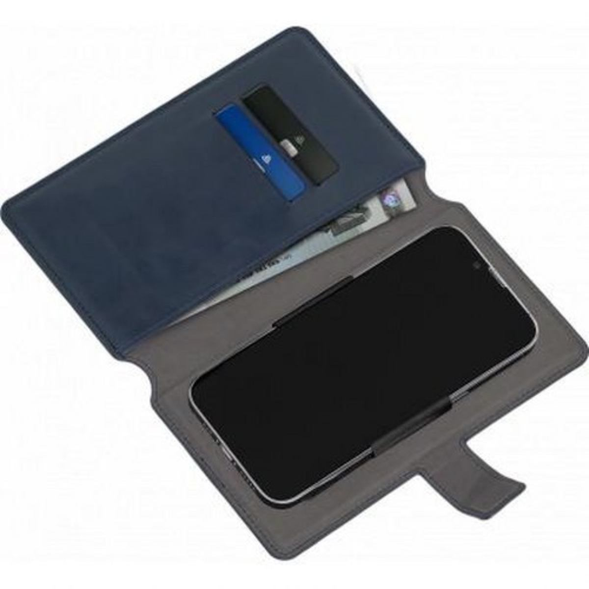 Telefono in una custodia in pelle blu, aperto. Il telefono è nero. Ha slot per schede e una chiusura.