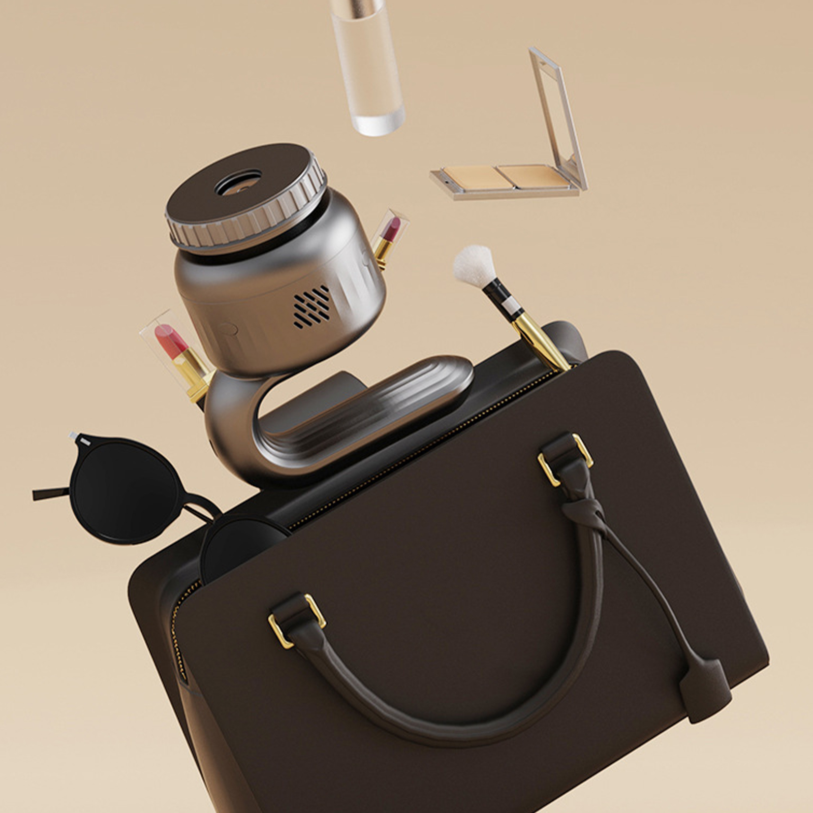 Make-up-Artikel und ein Massagegerät schweben aus einer schwarzen Handtasche. Beiger Hintergrund.