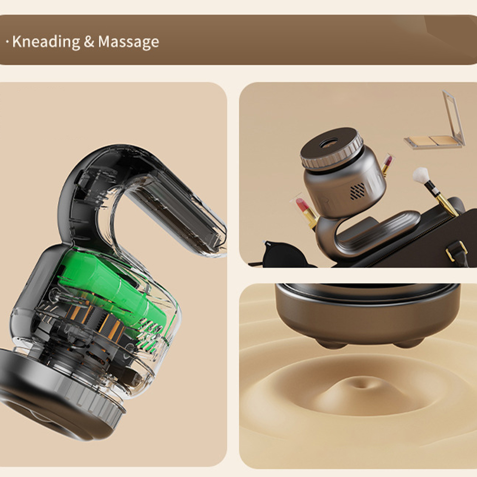 Diagramme, die ein schwarzes Massagegerät und seine inneren Komponenten zeigen. Der Hintergrund ist beige.