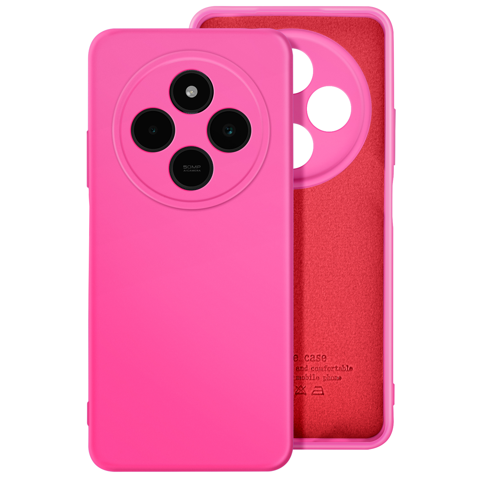 Custodia rosa per telefono con telefono. Quattro fotocamere, custodia rosa e interno rosso.