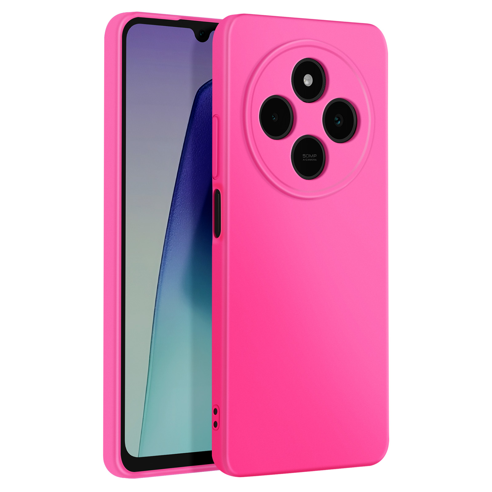 Custodia rosa per telefono con un telefono all'interno. Ha tre fotocamere. Sfondo bianco.