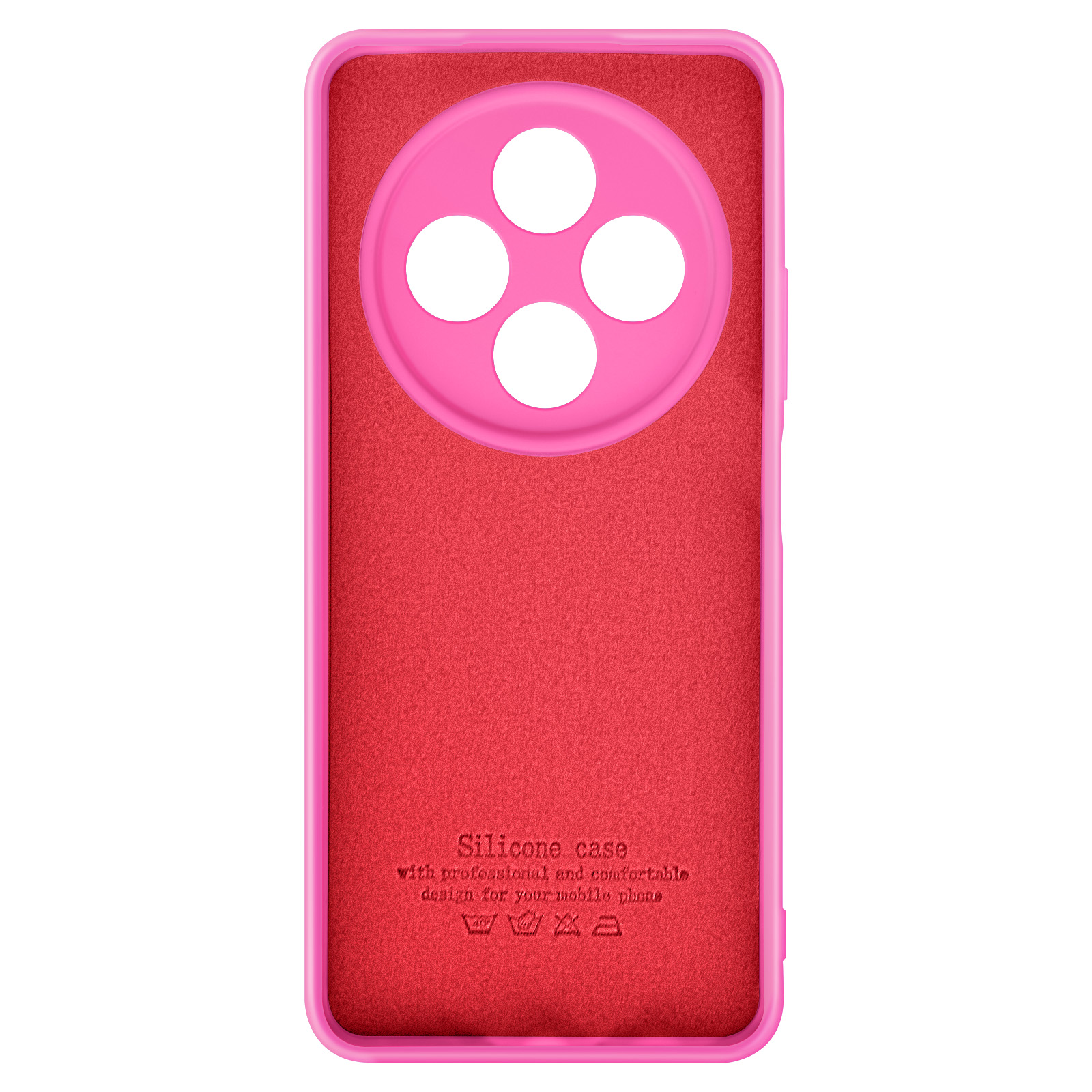Interno custodia telefono rosa. Interno rosso, bordo rosa e quattro cerchi bianchi.