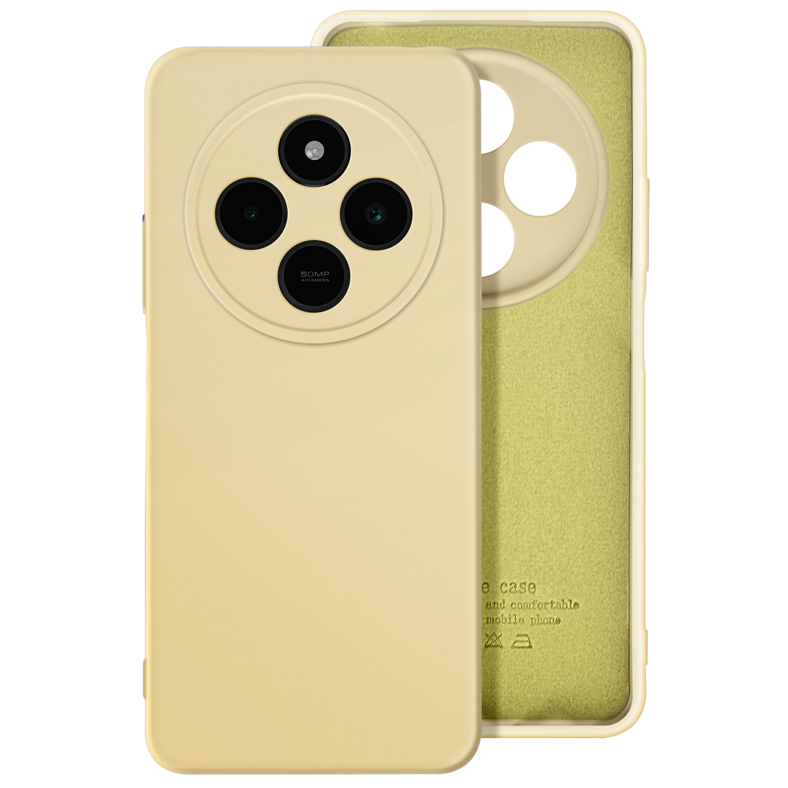Custodia beige per telefono con telefono. Quattro fotocamere, custodia beige e interno verde.
