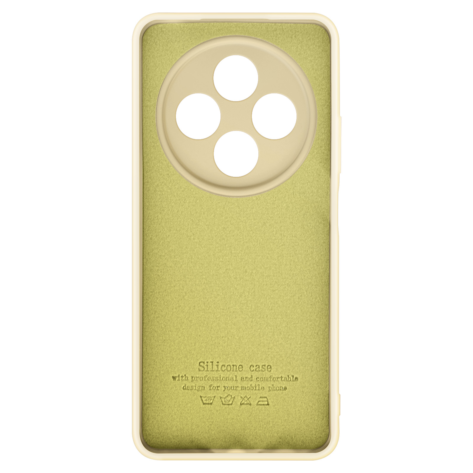 Interno custodia telefono beige. Interno verde, bordo beige e quattro cerchi bianchi.