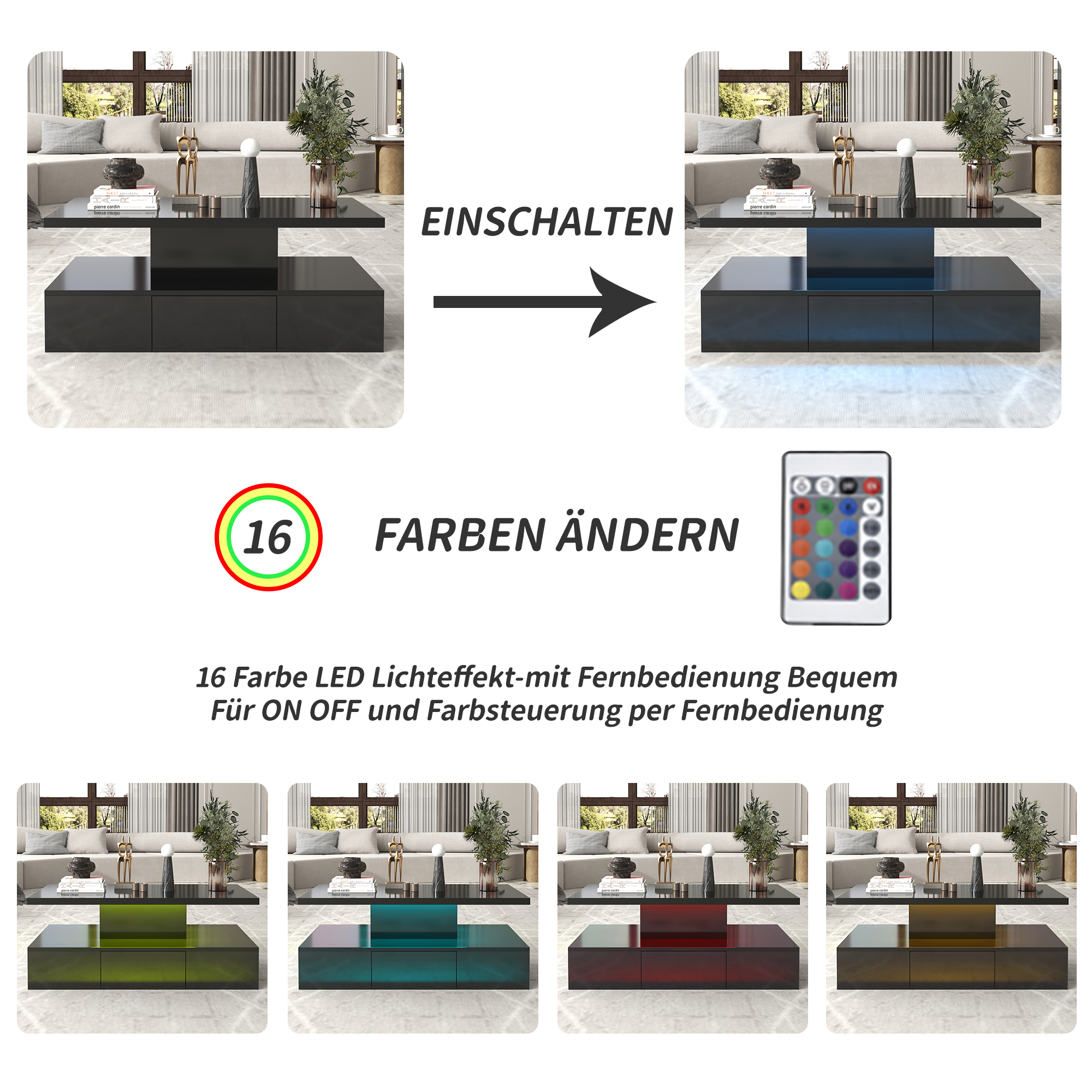 Visuelle Präsentation eines Couchtisches mit LED-Beleuchtung und Fernbedienung.