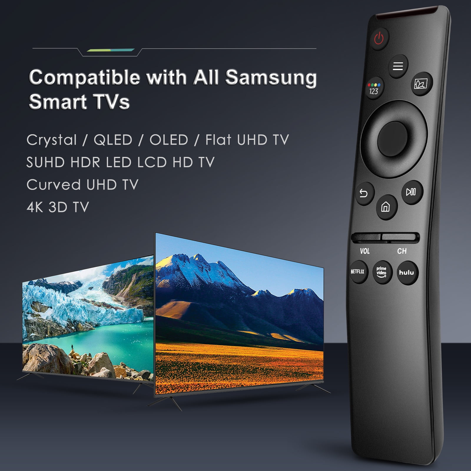 Schwarze Smart-TV-Fernbedienung. Text zeigt Kompatibilität mit Samsung-Fernsehern und TV-Modellen.