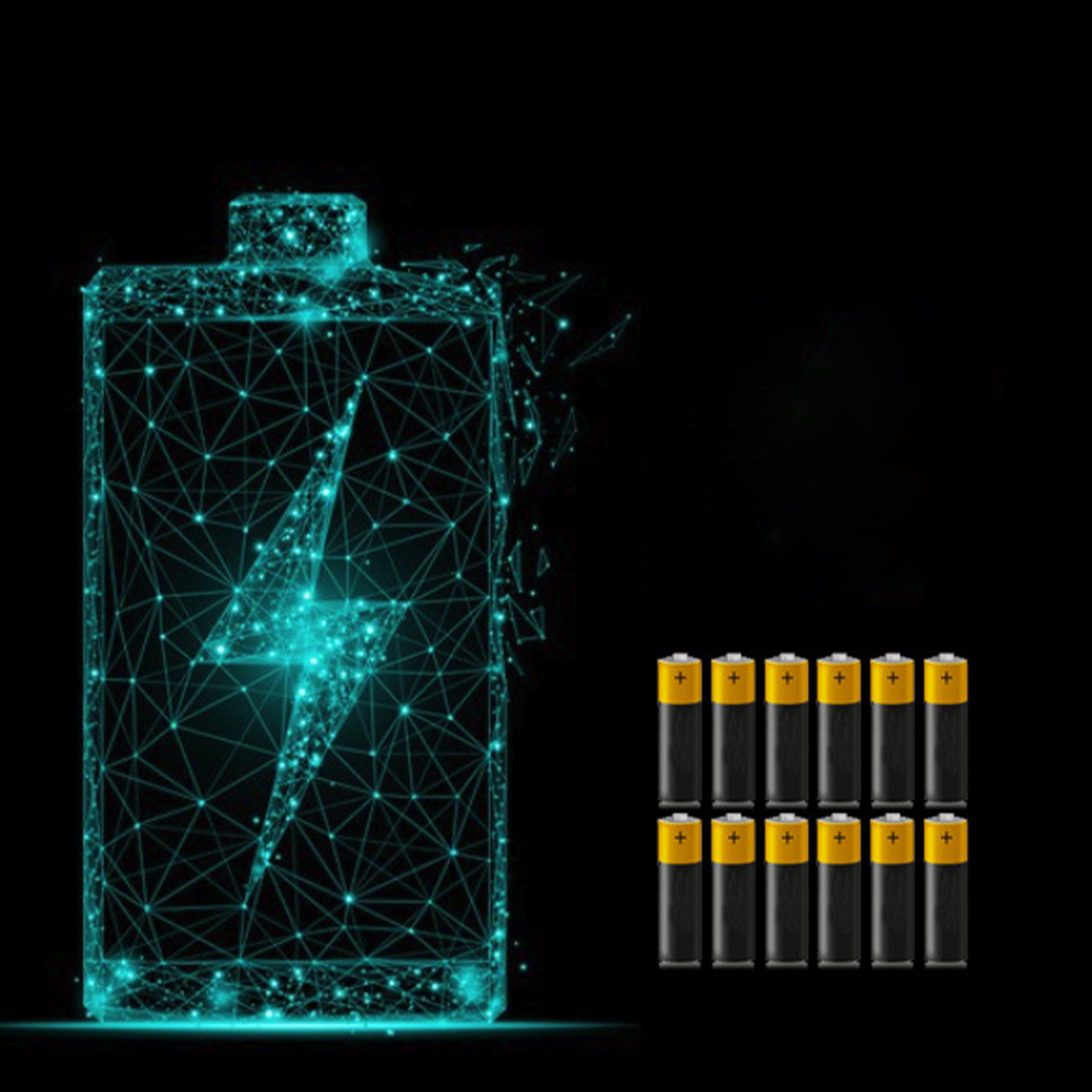 Batteriesymbol mit Blitz und AA-Batterien.