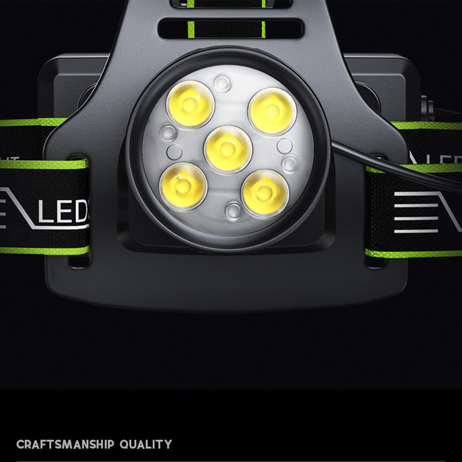 Nahaufnahme einer schwarzen LED-Stirnlampe mit hellgelben Lichtern. Der Text auf dem Bild ist auf Englisch.